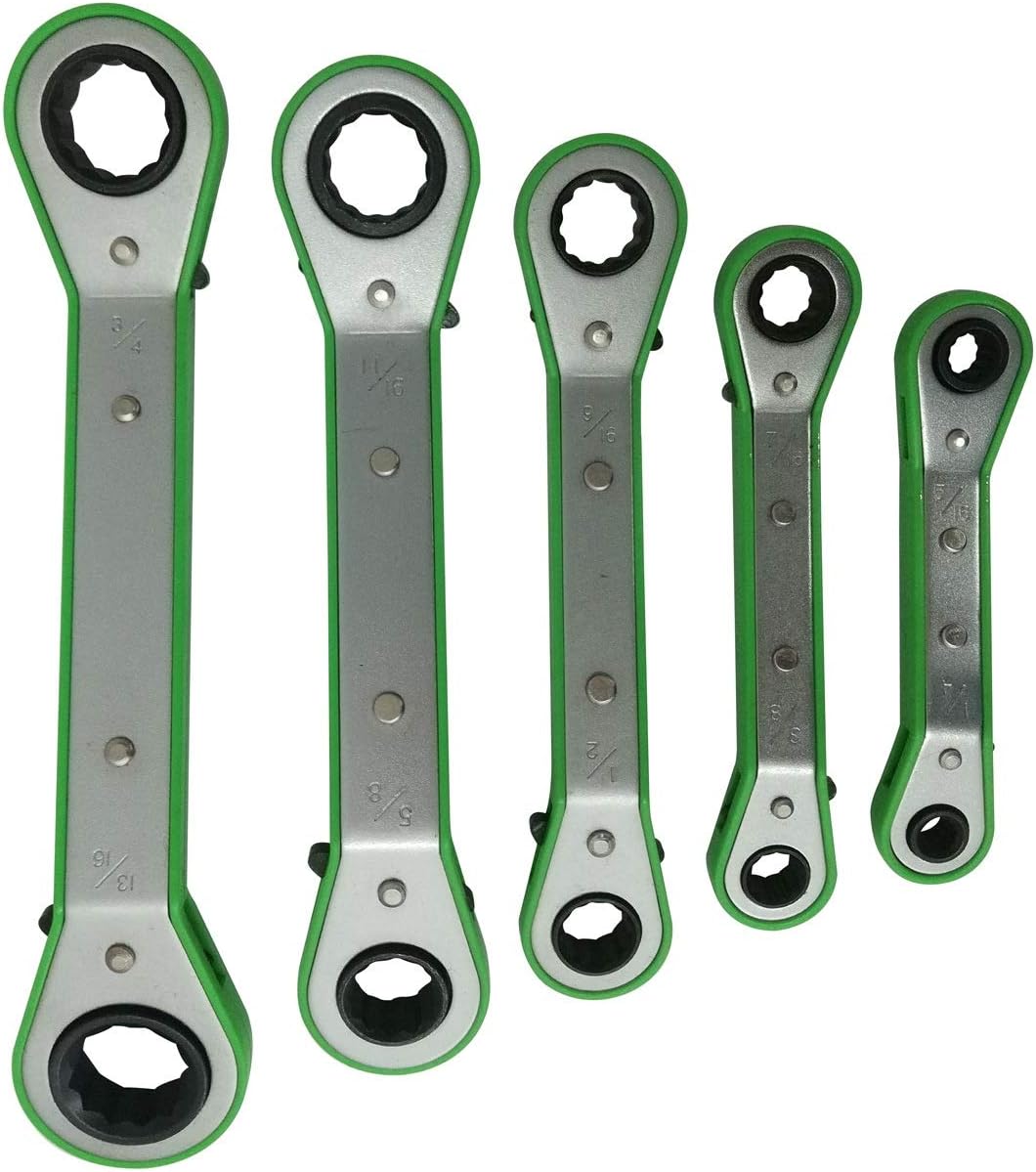 MacWork 5-Piece Offset Ratcheting Spanners Double Ring Wrenches SAE Sizes Green Color Bordure