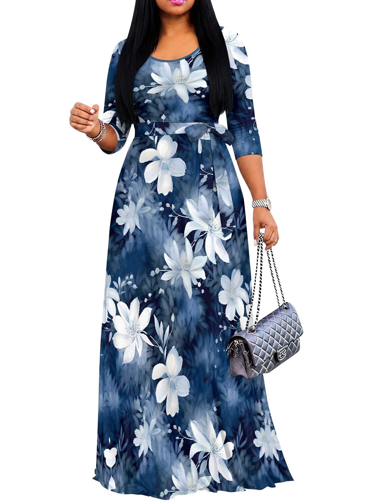 PinkPatty Women's Print Maxi Dresses 3/4 Sleeve Flowy Long Dress V Neck Wrap Tie Waist Sundress