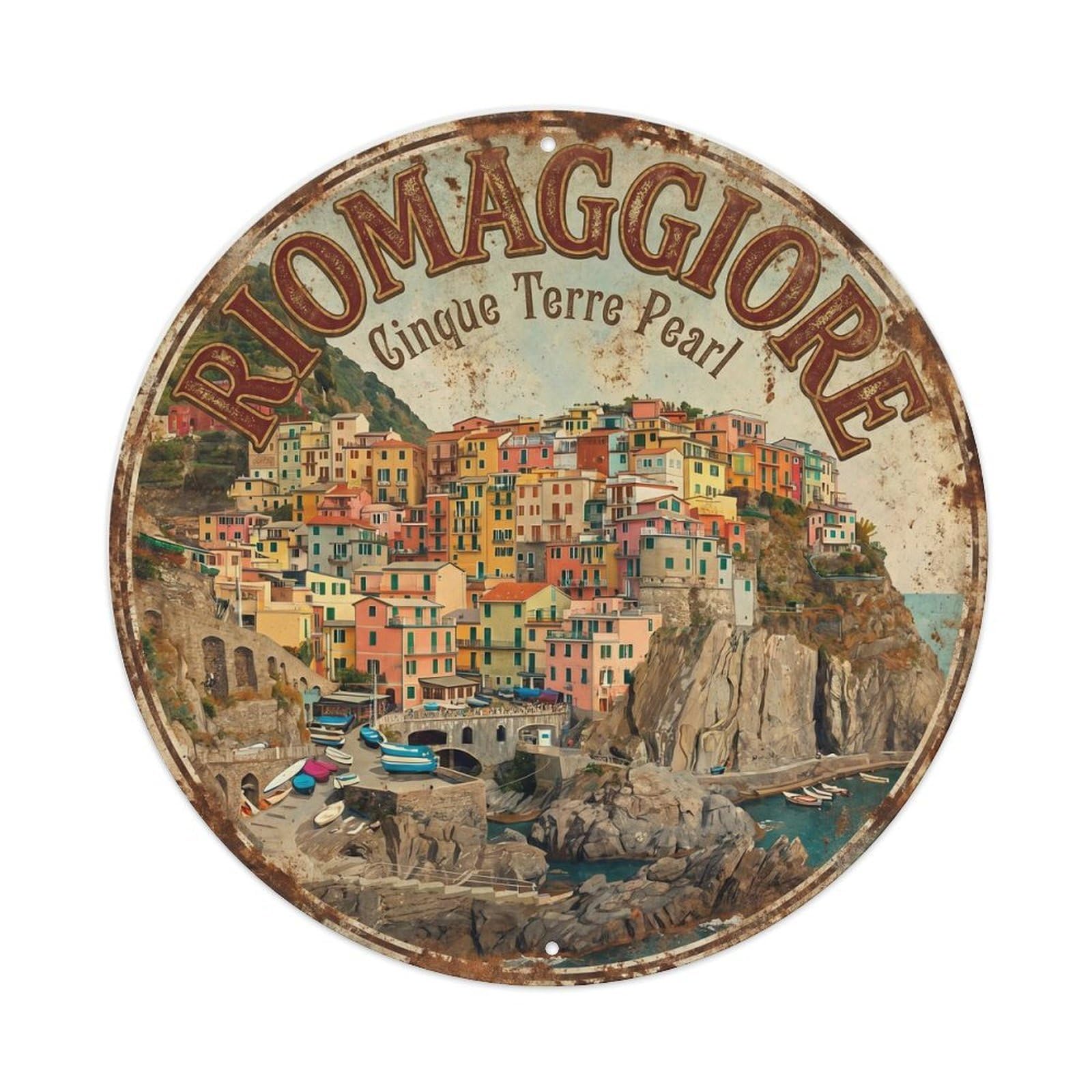 Vintage Travel Riomaggiore Cliffside Harbor Metal Tin Sign Plaque Wall Decor for Cafe, Club Bar, Office, Home Garden Round Metal Poster 8x8Inch