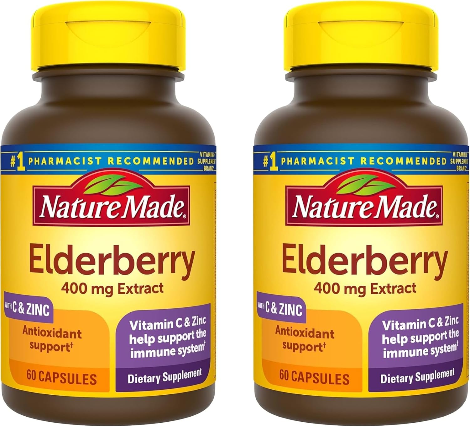 Nature Made Elderberry 400 mg Extract with Vitamin C and Zinc, Dietary Supplement for Immune Support, 60 Capsules, 60 Day Supply (Pack of 2)