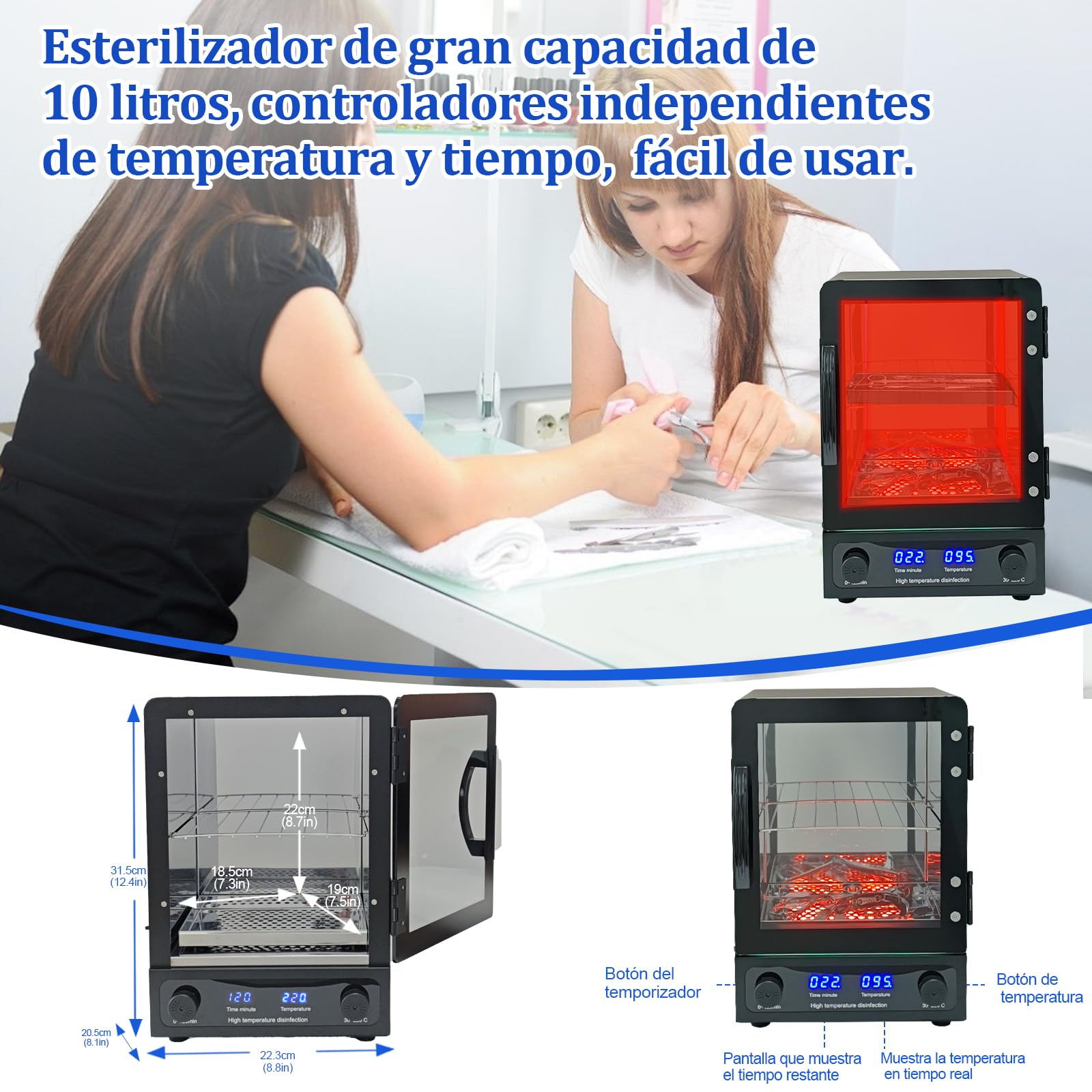 600W Esterilizador Manicura, Autoclave Esterilizador Profesional, 10 litros esterilizador de alta temperatura, de herramientas de manicura, herramientas de peluquería, salón de belleza