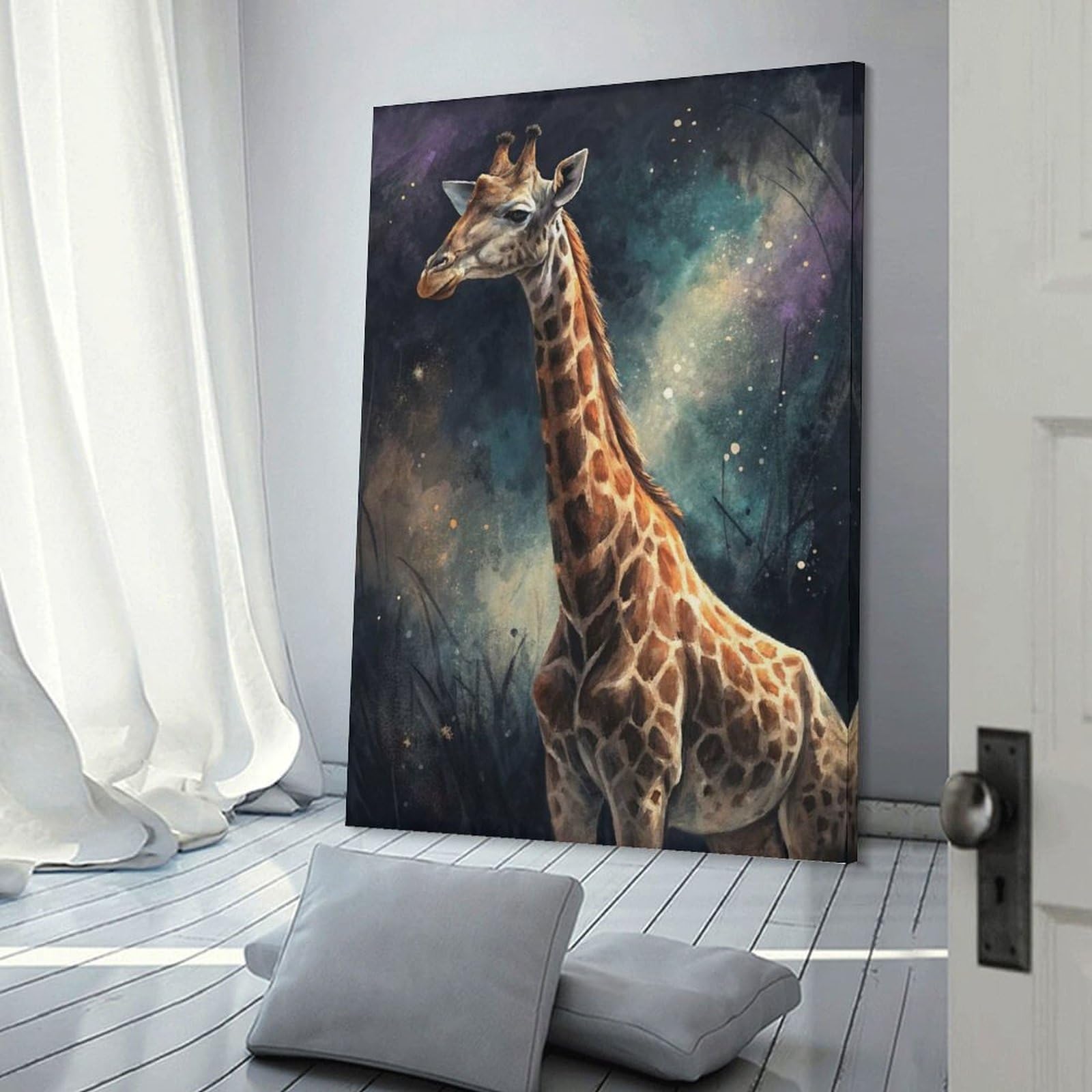 Junmoney Giraffe in A Cosmic Landscape Canvas Wall Decor, 12x18inch(30x45cm), for Apartment Walls, Studios Or Work Areas, Decorative Canvas Decor for Home Updates