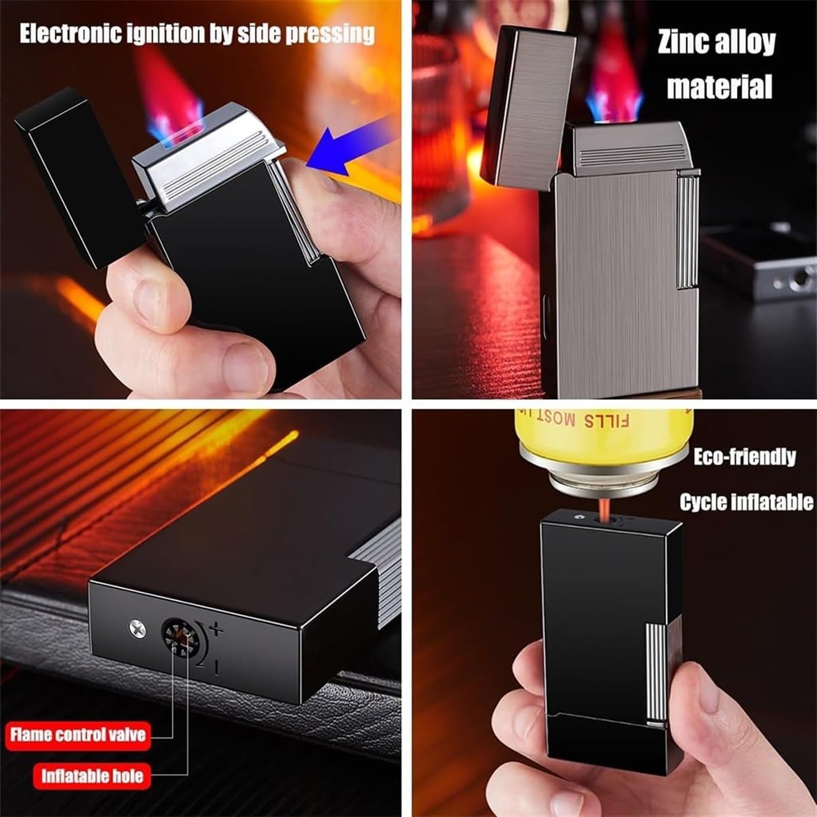 Briquet tempête butane réglable avec bouchon à rabat en métal rechargeable Idéal pour l'extérieur Idée cadeau pour homme Design classique