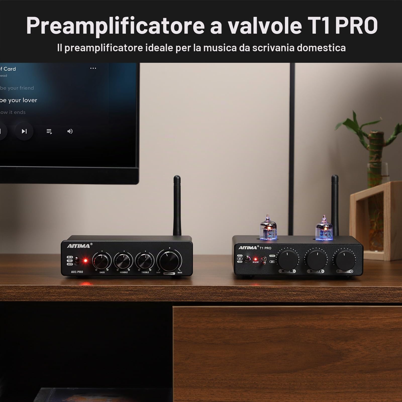 AIYIMA T1PRO Preamplificatore Tubo Audio Domestico Bluetooth 5.1 QCC3040 APTX-HD Regolatori Bassi Uscita Trigger