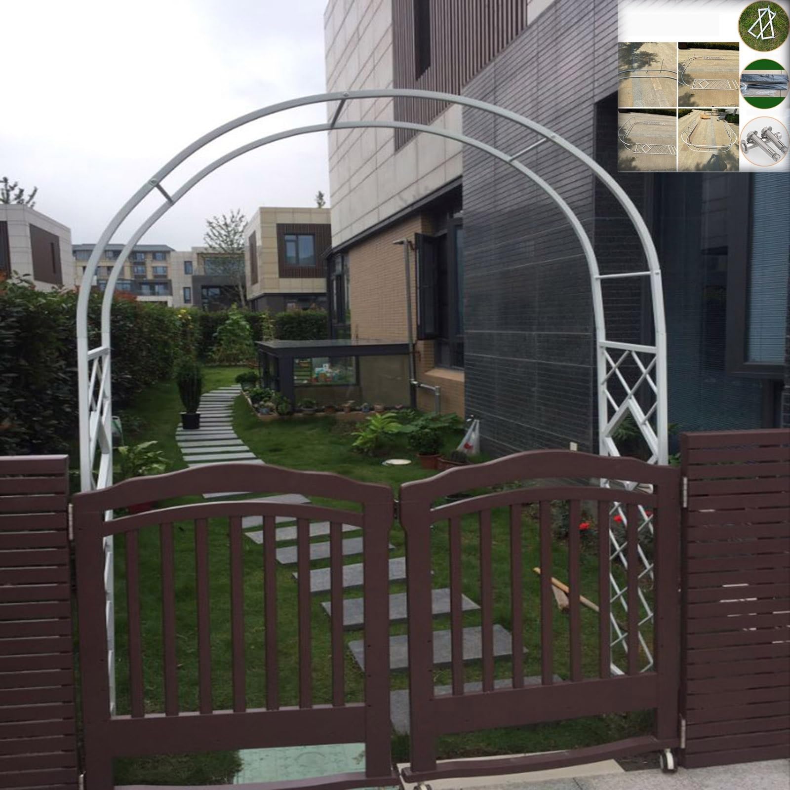 Solidna biała metalowa kratka ogrodowa 340 x 270 cm – trwała stalowa altana do roślin pnących, idealna na wesela, dekoracje zewnętrzne i kształtowanie krajobrazu ogrodu