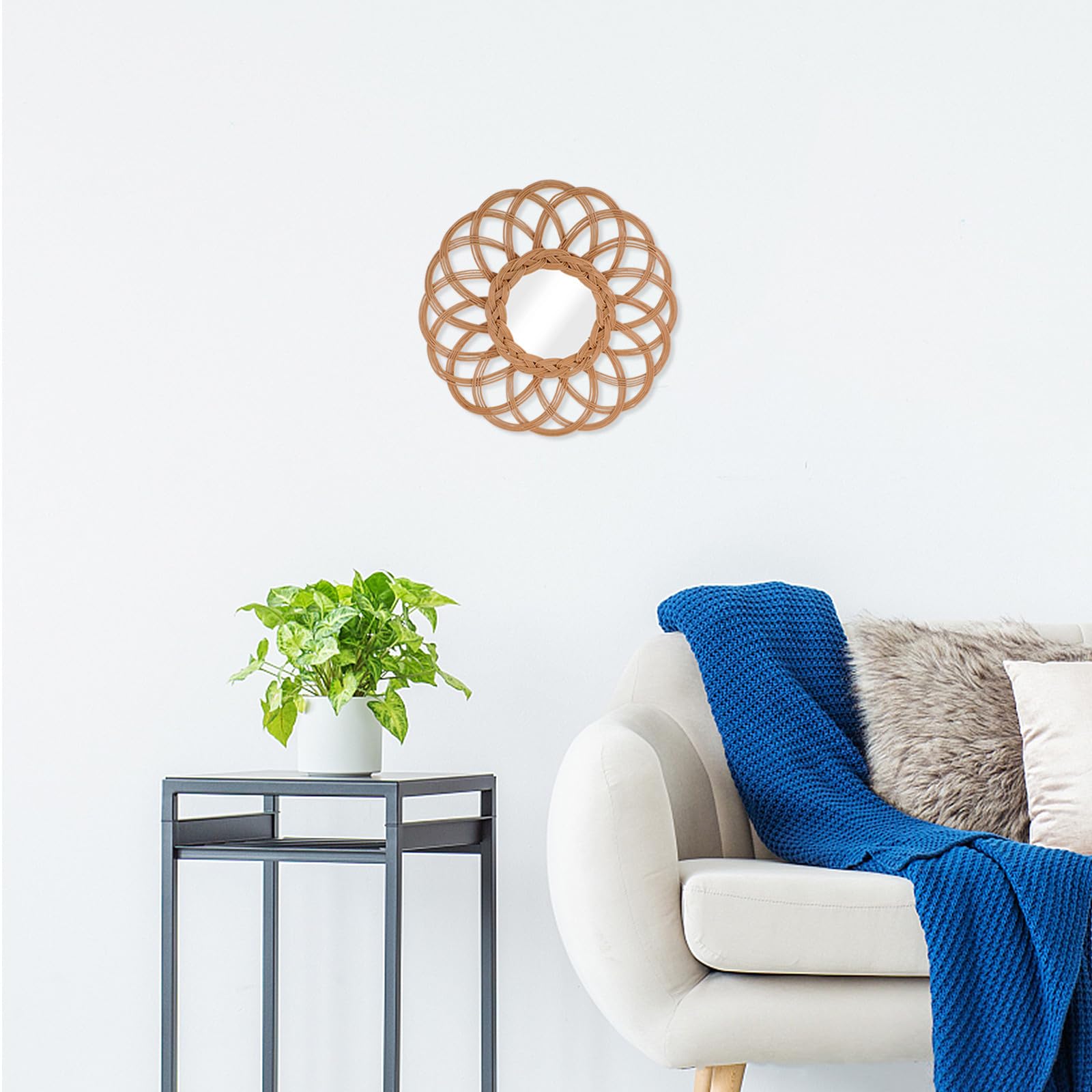 Wandspiegel Handgefertigt mit Glas aus Korbweide Runder Rustikaler Flechtspiegel Praktische Wanddeko im Minimalistischen Stil und Dekorativ für Schlafzimmer
