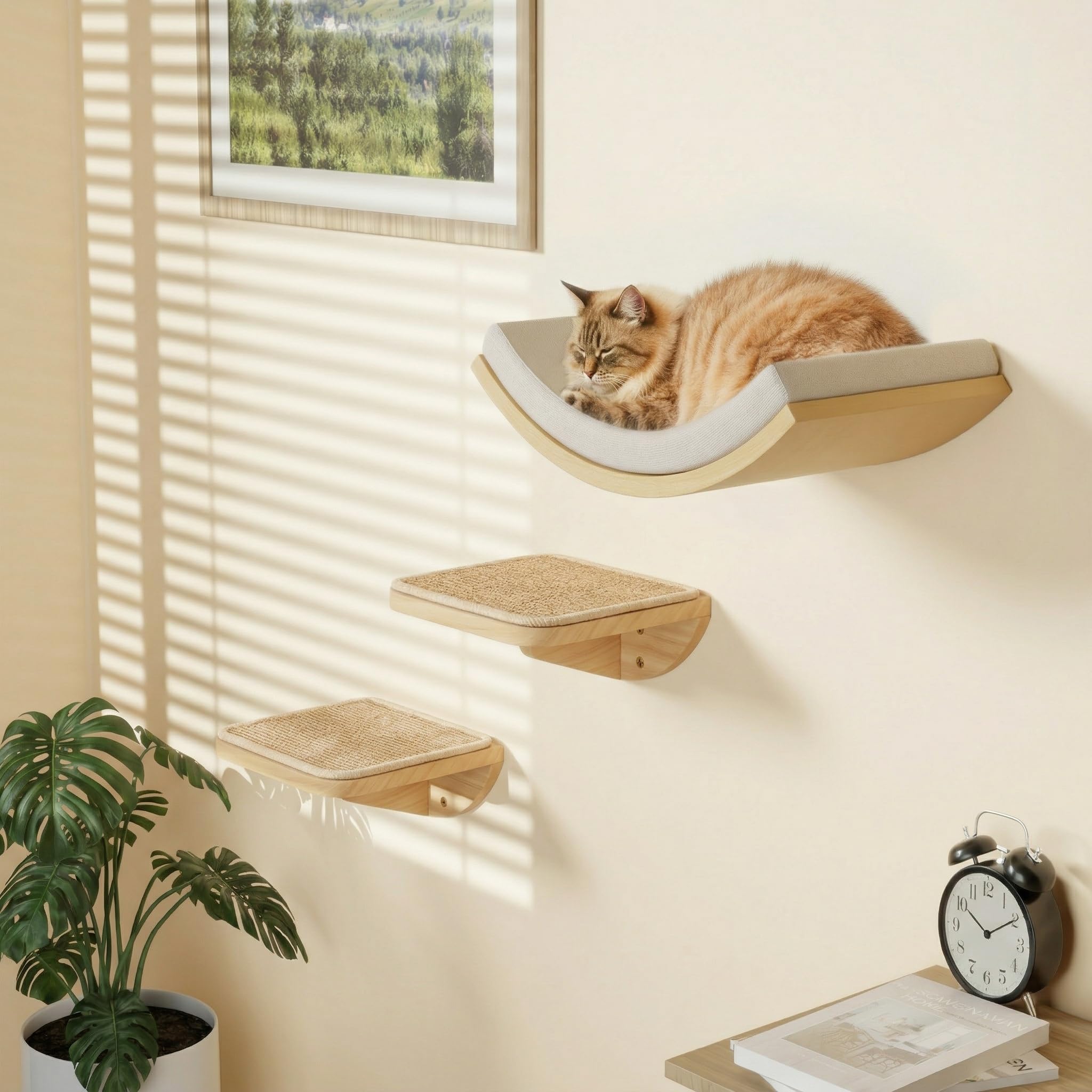 Cats Wall Shelves with Sponge Mat, Cat Climbing Tree with 2 Steps and Curved Platforms, Wooden Cat Climbing Frame Set for Sleeping and Playing