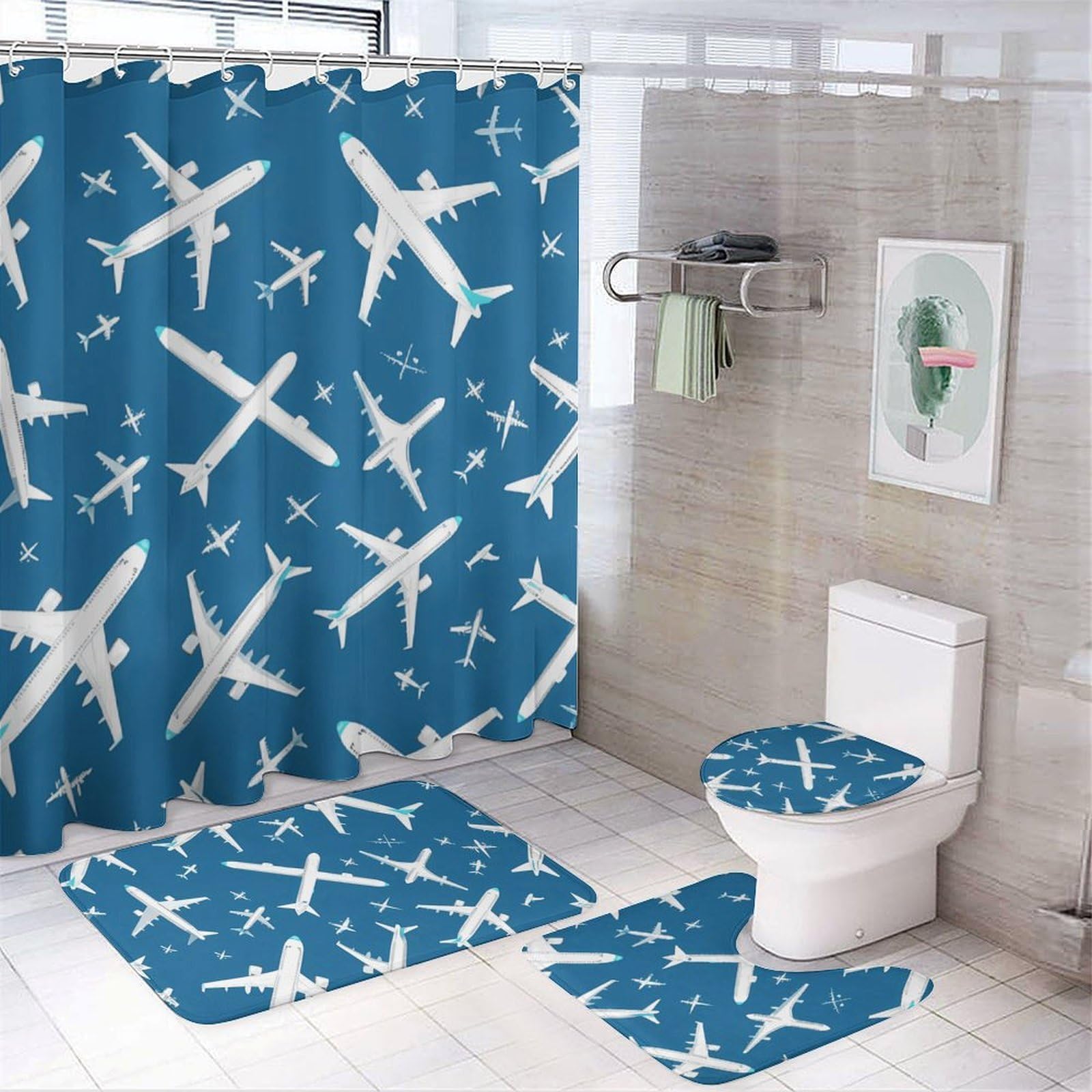 CGSBNGHA Plane Aircraft Airplane Jet Shower Curtain Set 4 Piece Bathroom Sets with Rugs Toilet Lid Cover And U-Shaped Floor Mat