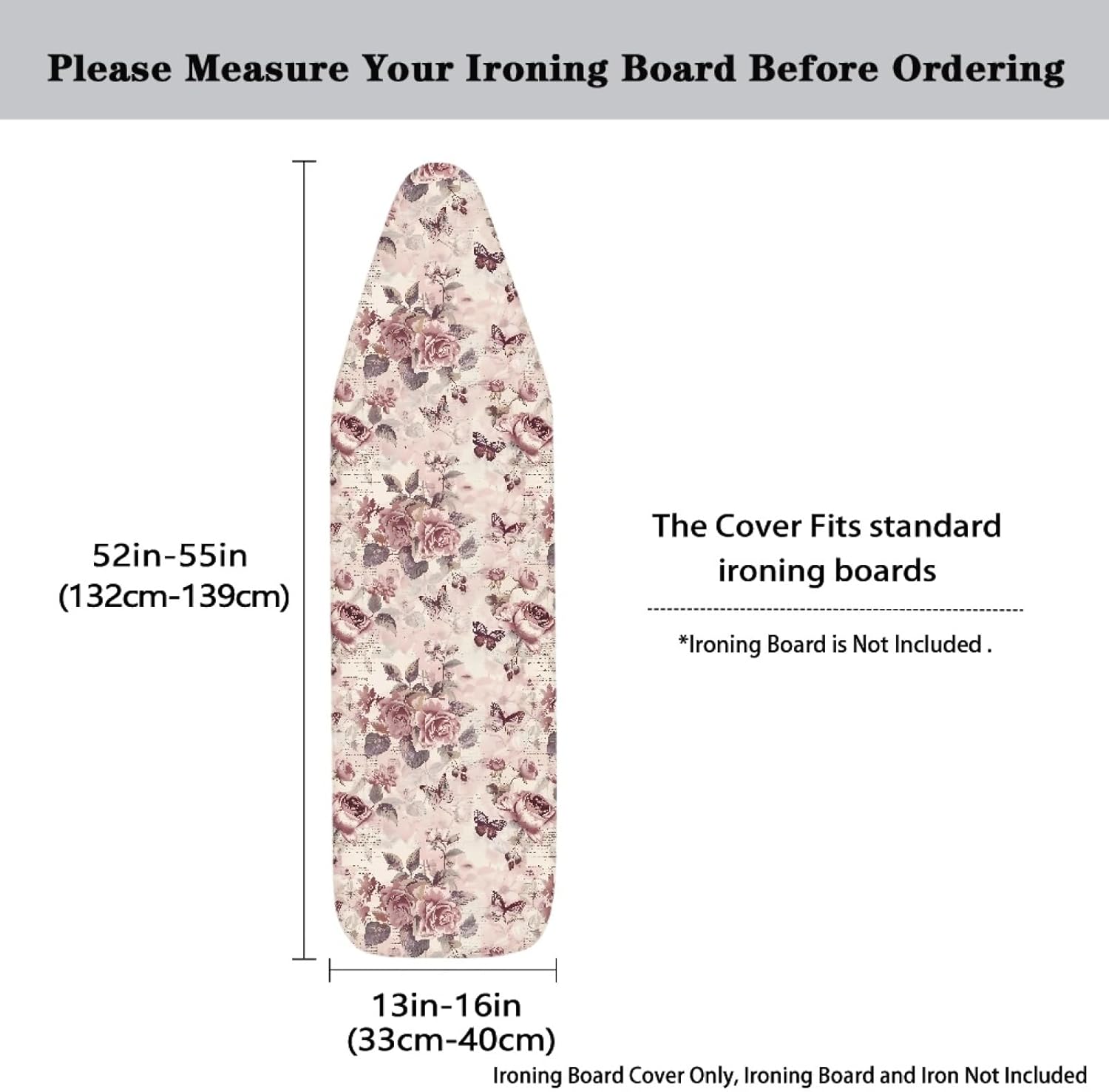 Flowers Ironing Board Cover,16"x55" Standard Ironing Board Cover with Elastic Edge and Hook and Loop Fasteners, Scorch & Stain Resistant, Polyester Home Ironing Board Covers, Raw Flower Art