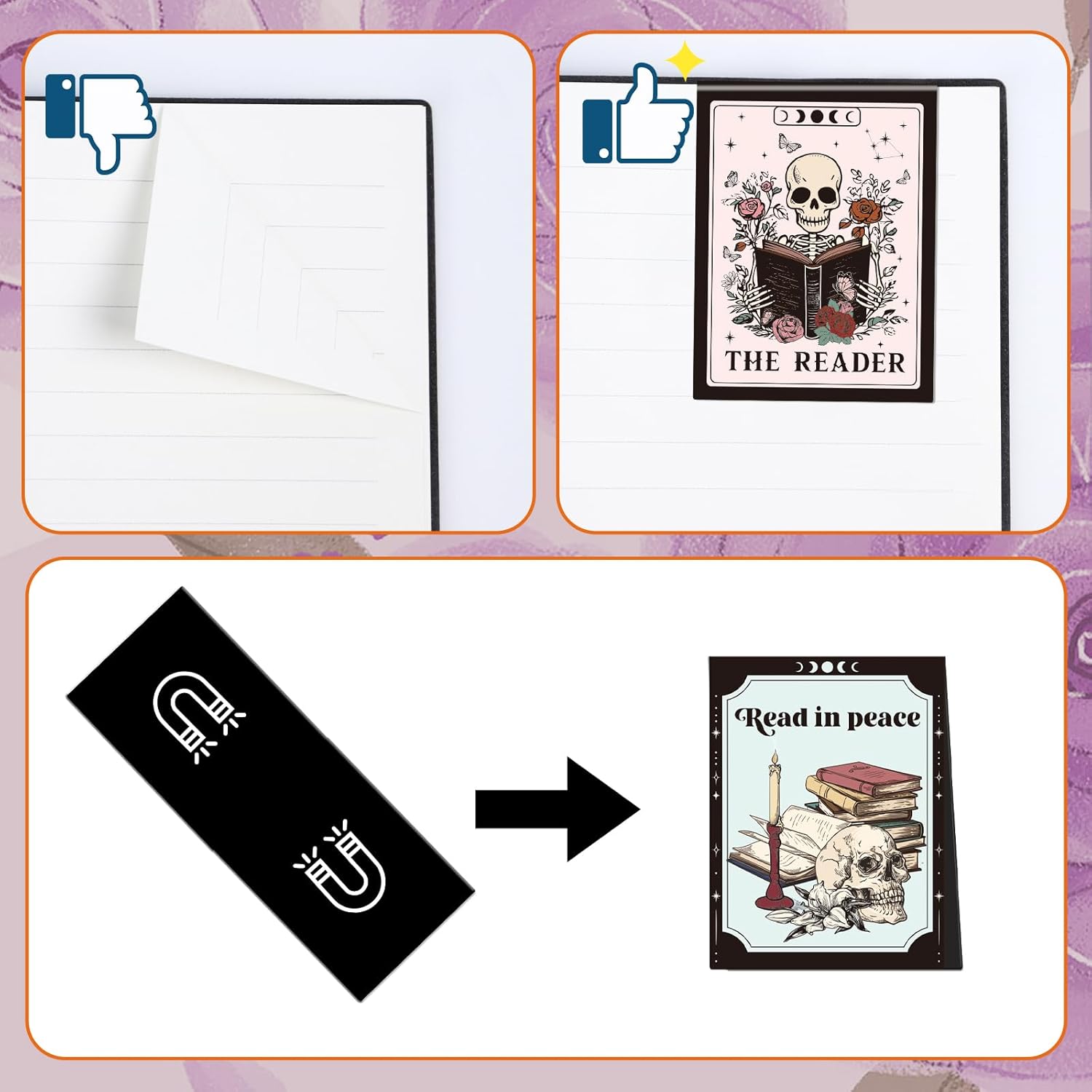 Skeleton Magnetic Bookmark Gifts - 8Pcs Skull Flower Bookmarks Magnetic Skeleton Reading Book Mark Magnets Bookmark Page Markers Clip for Women Book Lover Bookish Reader Students Teachers - Image 4