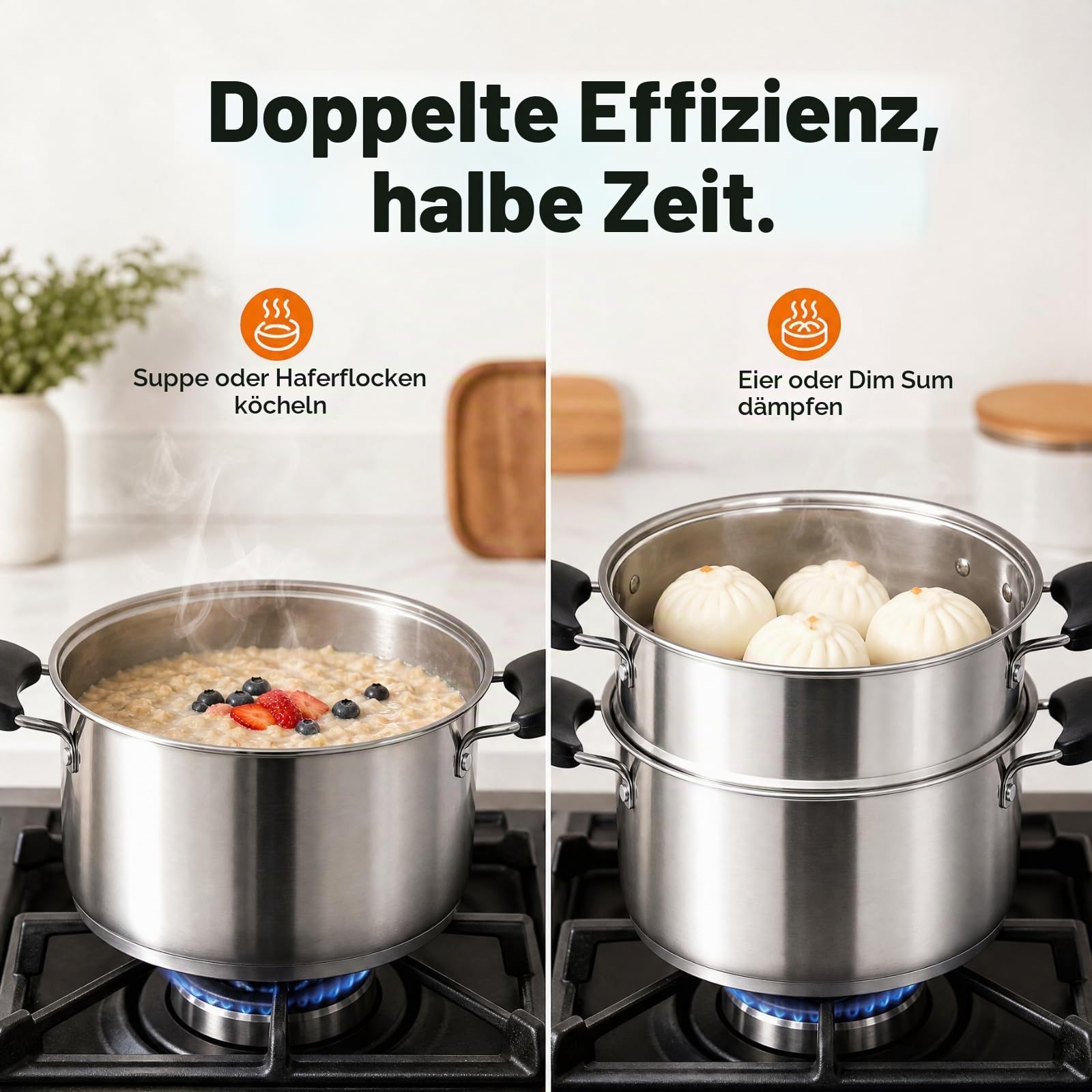 ZENFUN Edelstahl Dampfgartopf mit Korb, 1,6 Liter Suppentopf mit Glasdeckel, Mini Dampftopf Kochgeschirr mit Griff für Gemüse, Soße für Herd, Induktion, Gas, Elektro, Grill