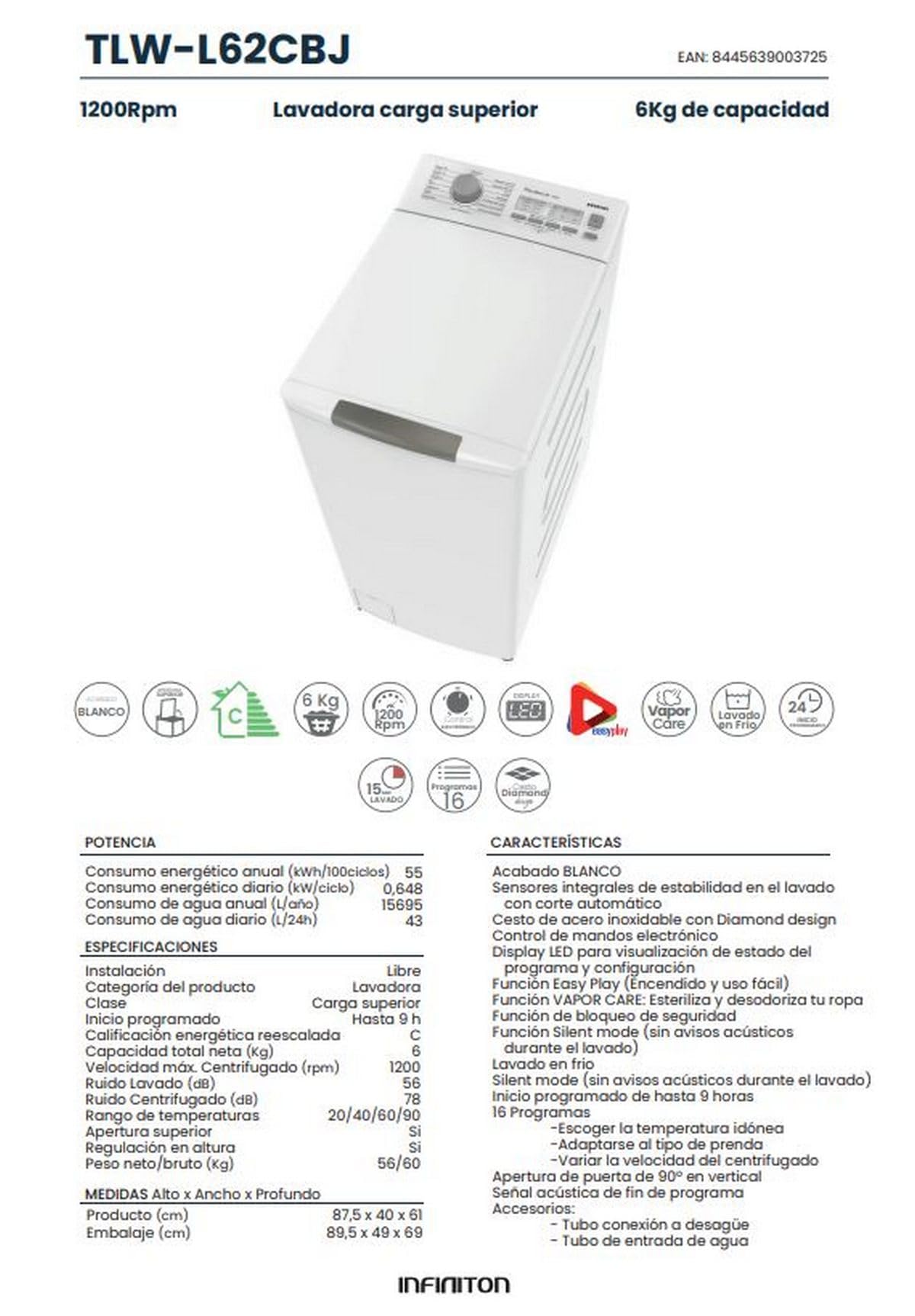 INFINITON Lavadora Carga Superior TLW-L62CBJ, 6 Kg, 1200 rpm, C, Función VAPOR CARE, Lavado en frio, 16 Programas, Regulación en altura, Blanco