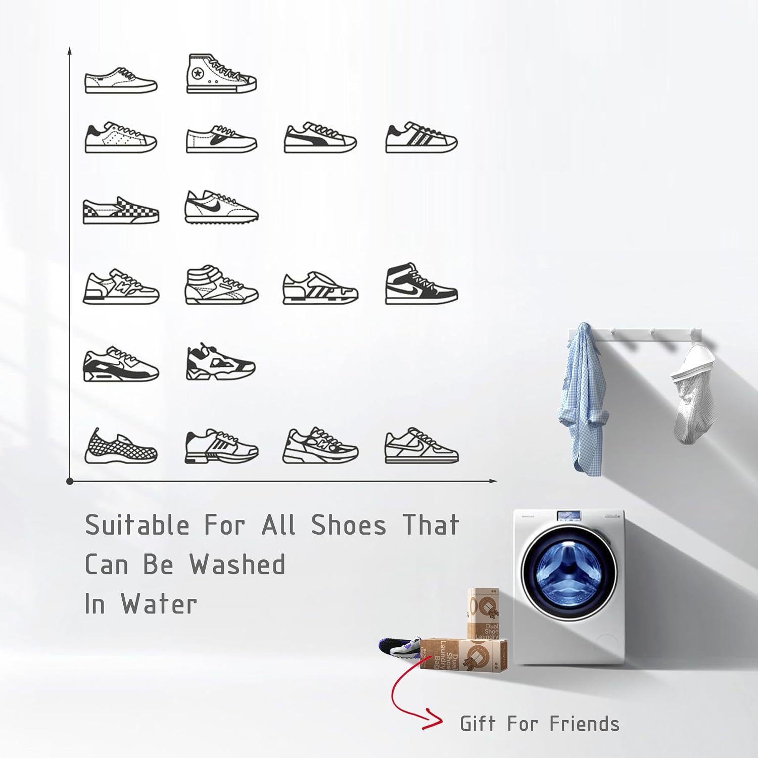 Shoe Washing Machine Bag - Shoe Bag for Washing with Adjustable Shoe Trees, Laundry Shoe Bag for 2 Shoes, Fluffy Fiber, Wrap-around Cleaning in washer and dryer, Durable Zipper, White