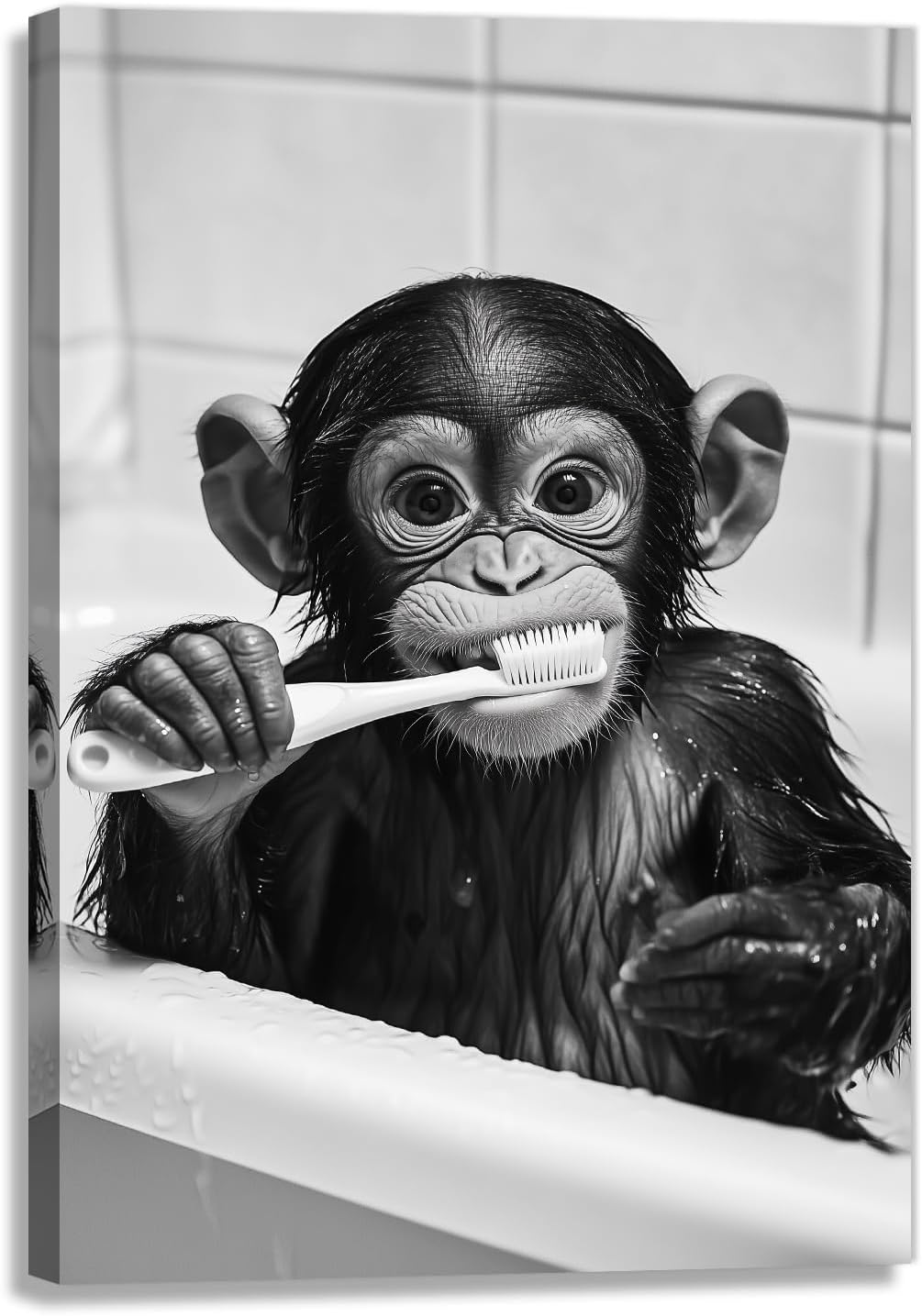 OAAPITI Funny Bathroom Animal Wall Art Monkey Brushing Teeth Posters Cute Animal Painting Canvas Black And White Wall Decor Toilet Decoration(Artwork-3,12"x18")