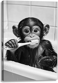 OAAPITI Funny Bathroom Animal Wall Art Monkey Brushing Teeth Posters Cute Animal Painting Canvas Black And White Wall Decor Toilet DecorationArtwork-3,12"x18"