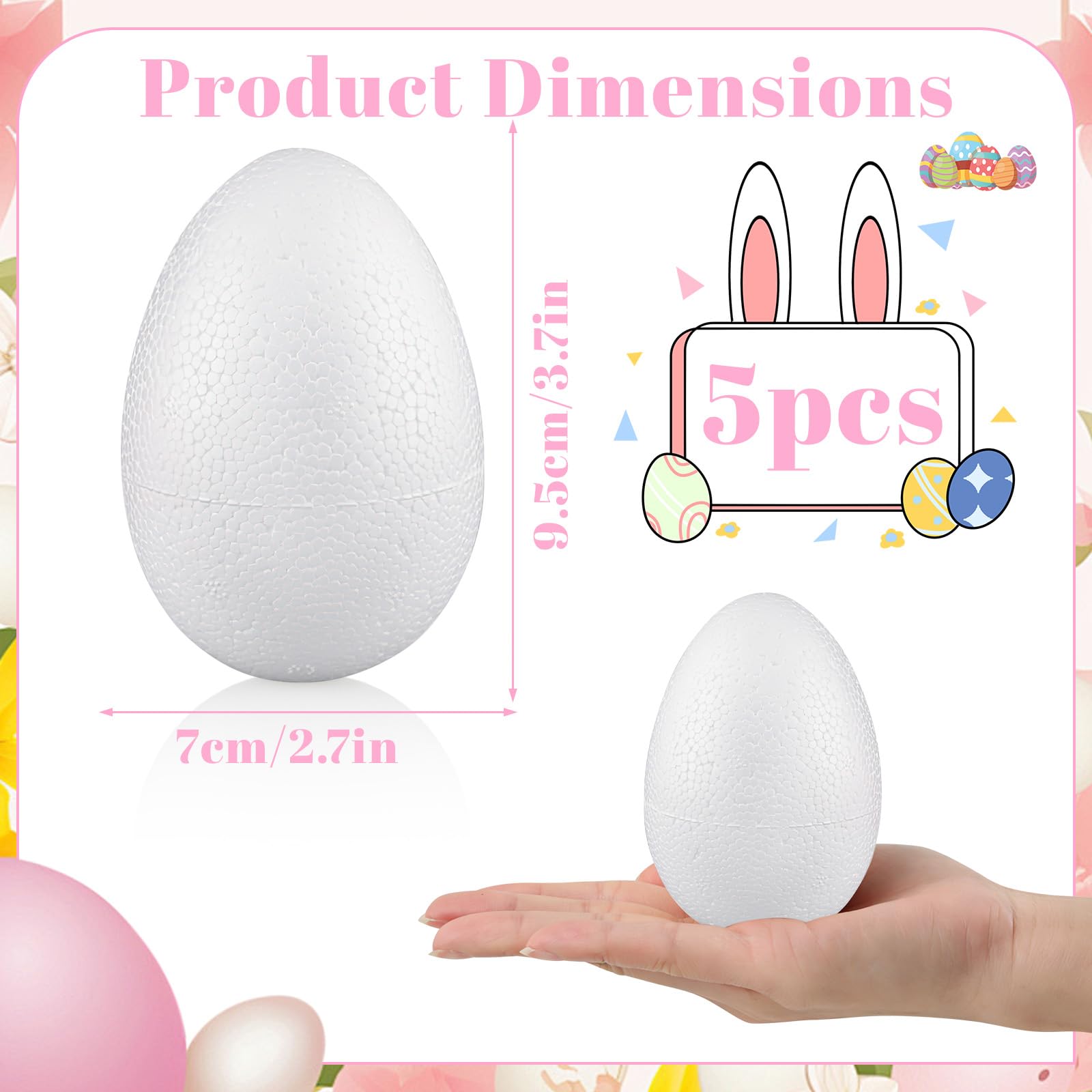 Huevos de Pascua para Pintar, Paquete de 5 Huevos de Poliestireno, Altura 10 cm, Ø Aprox. 7 cm, Plástico para Rellenar, para Decoraciones de Pascua, Manualidades, Regalo