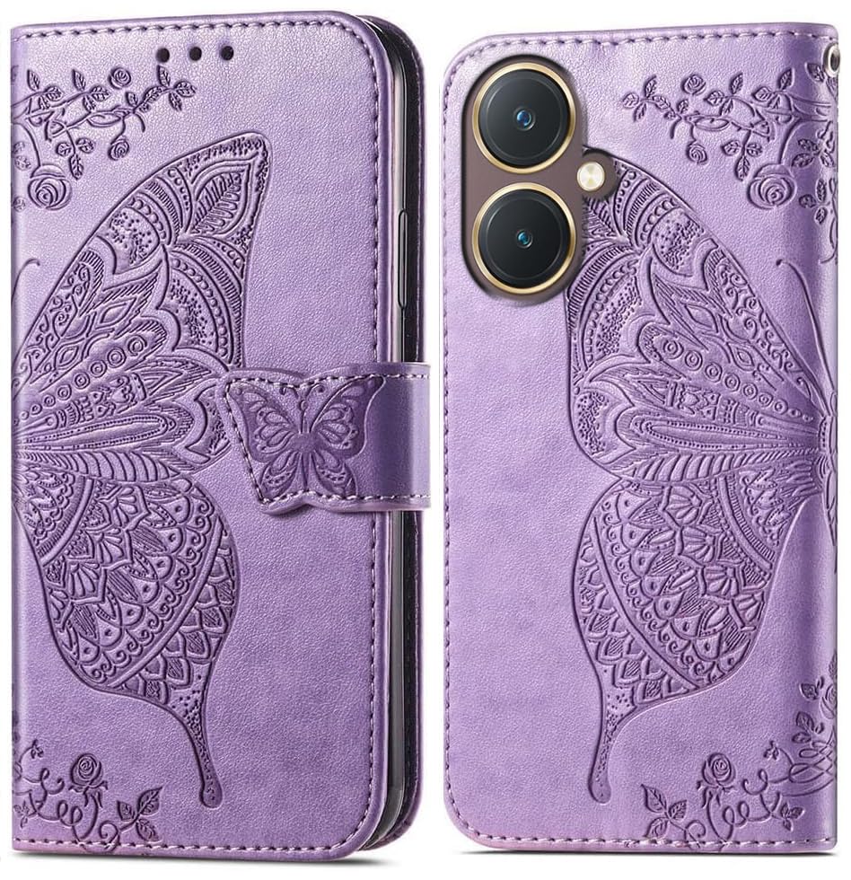 Image of ClickCase Butterfly Series for vivo Y27 Leather Embossing Wallet Flip Case Kick Stand Magnetic Closure Flip Cover for vivo Y27 (Purple)
