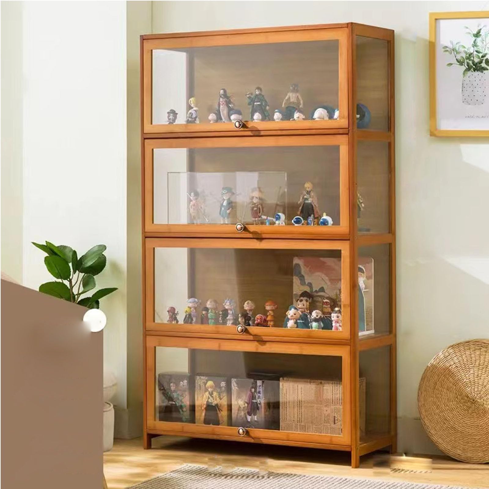 Sammlung Vitrine, natürlicher Bambus Rahmen, Acryl Sammlung Vitrine, staubdicht, passend für Haus und Büro Gebrauch (4-floors-80cm, Wood Color)
