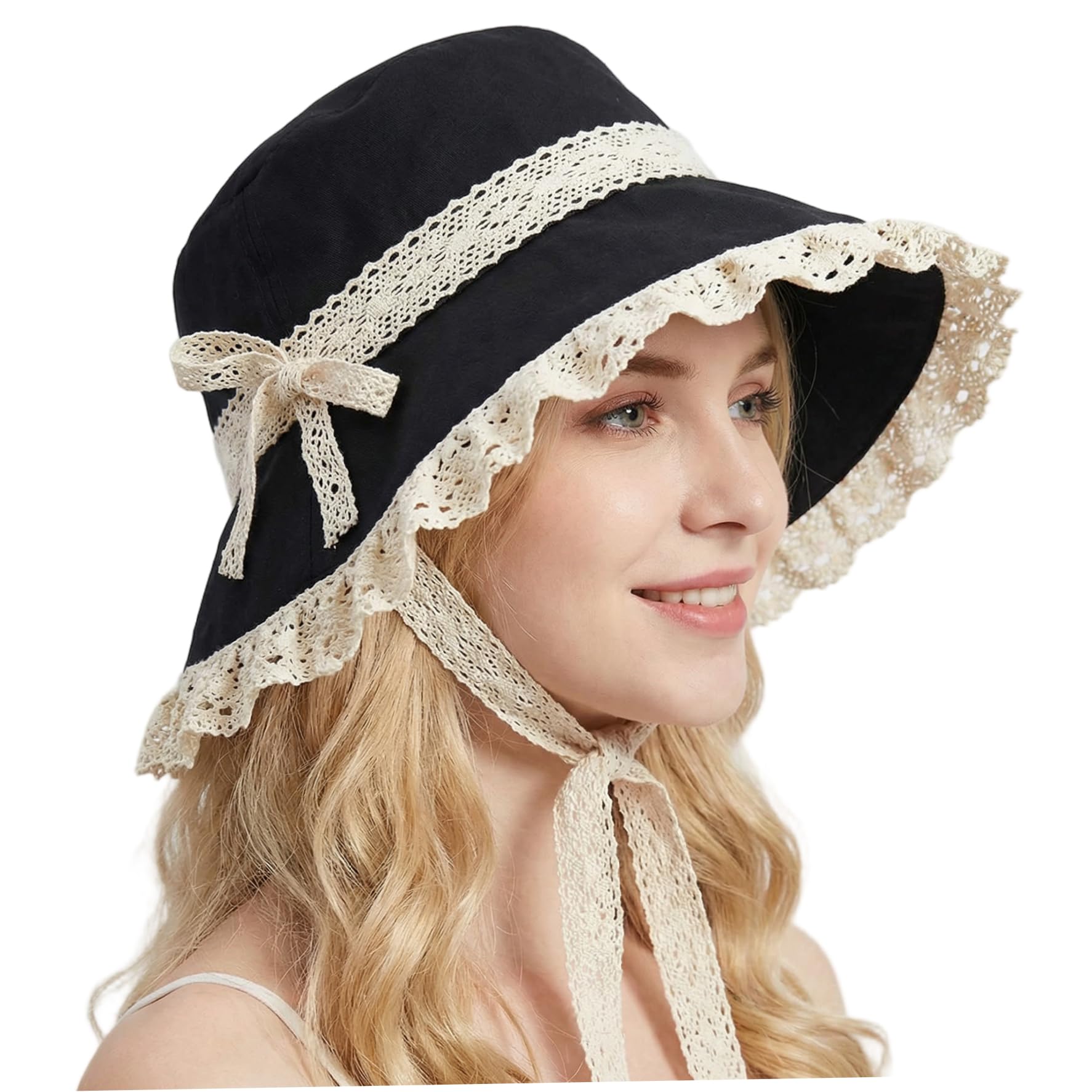 Nassmosse Women's Black Victorian Bonnet With Lace Brim And Ribbon Victorian Hats For Breathable Elegant Hat