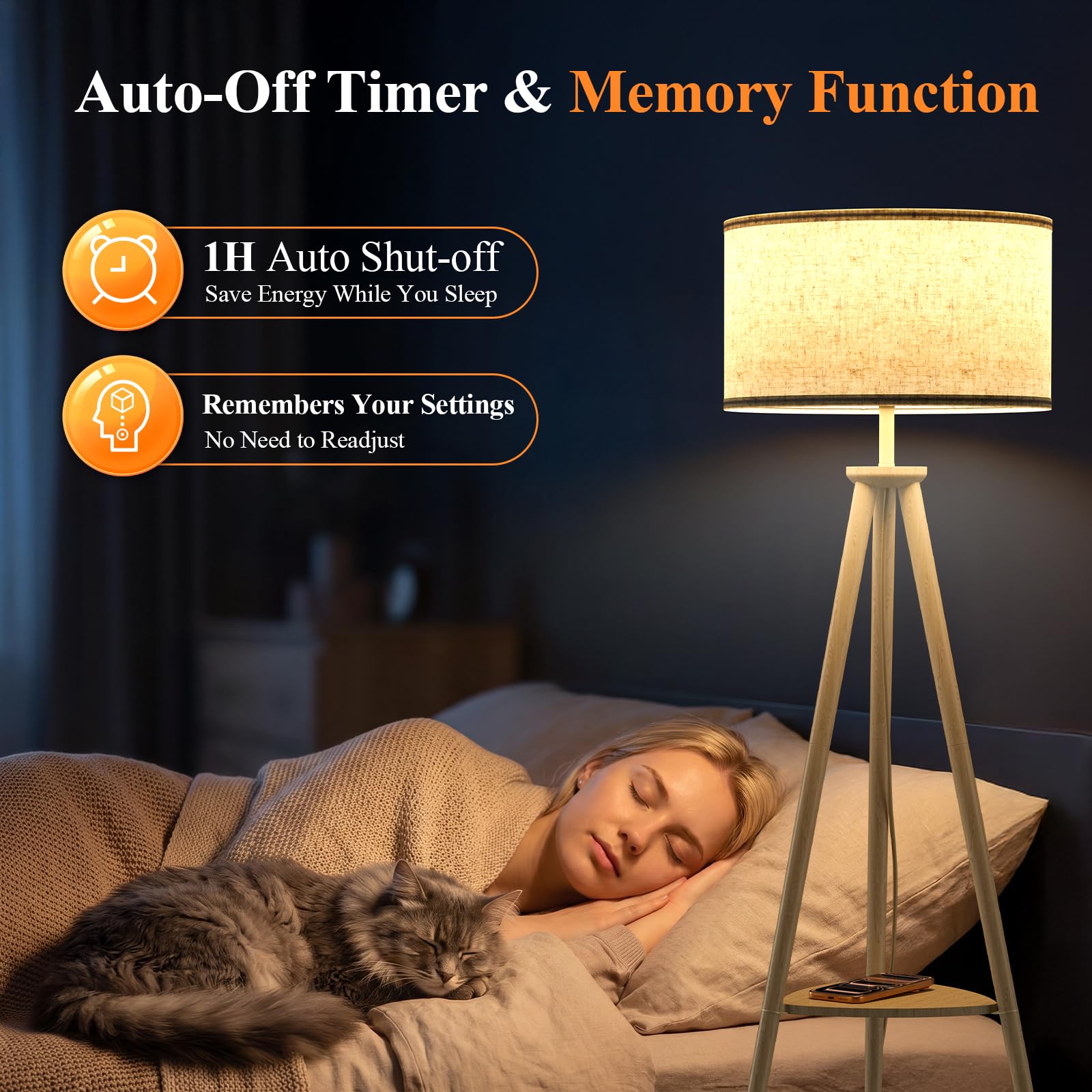 Dreibein Stehlampe Wohnzimmer mit Regal - 12W Holz LED Dimmbar Stehende Lampe mit Fernbedienung & E27 Lampe, Stehend Leselampe für Schlafzimmer, Büro, Hellbraun – Dreieckiges Regal