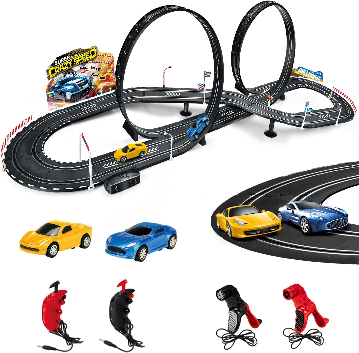 HitishElectric Slot Car Race Track Sets with 2 Cars, 1:20 Scale Dual Racing Game, 2 Circular Overpass Track, 2 Electric & 2 Hand Speed Controllers, Gifts Toys for Boys Kids Ages 6 Years and Up
