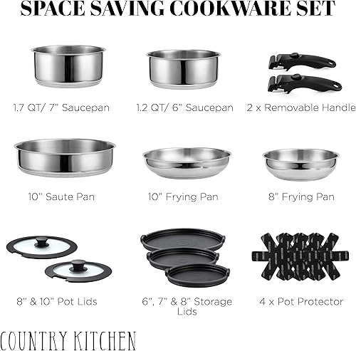 Miniatura 2 de Country Kitchen Juego de utensilios de cocina con mango extraíble, juego de ollas y sartenes aptas para horno y caravana, acero inoxidable, original