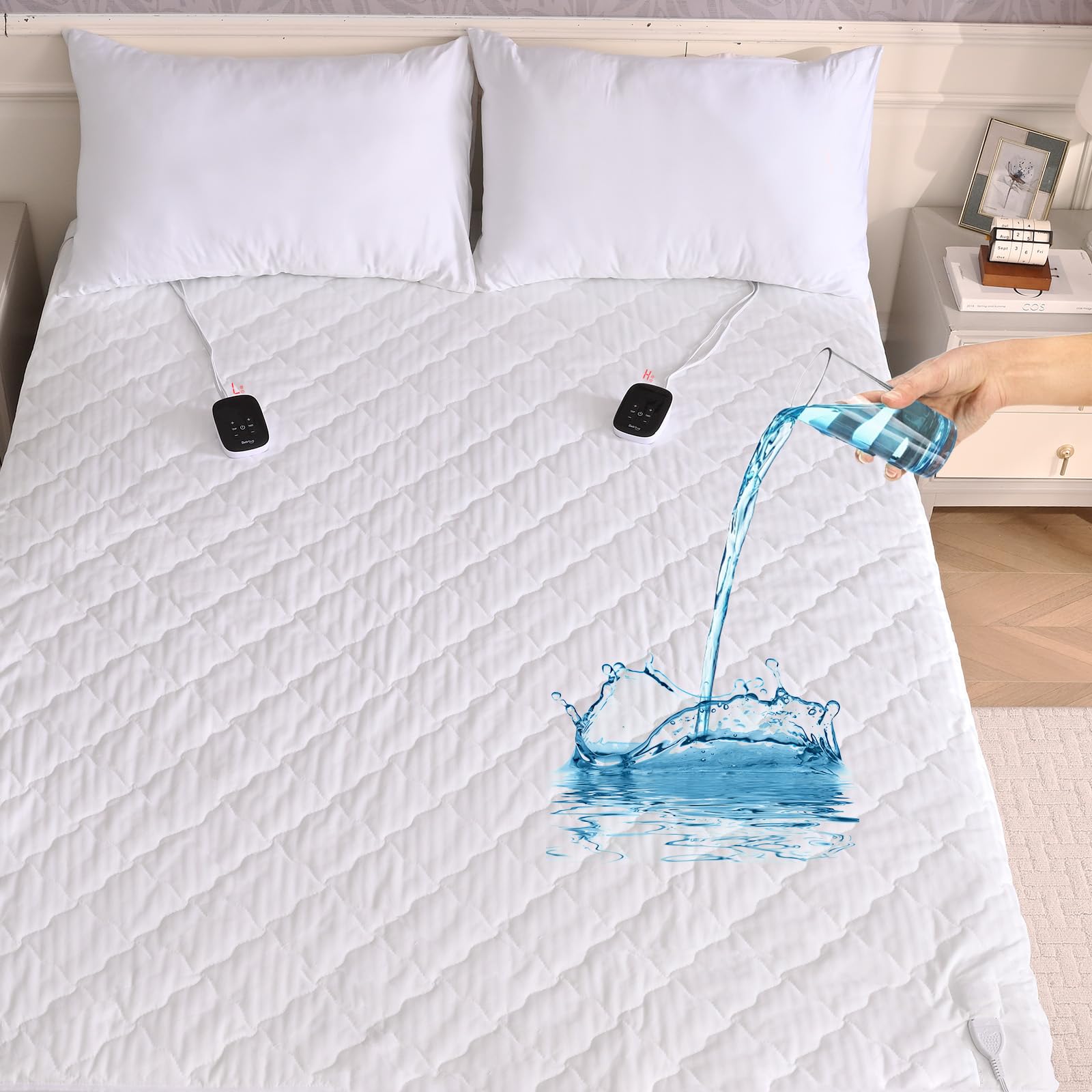Bearhug Electric Heated Mattress Pads Queen Size Dual Controllers 60”×80” Waterproof Bed Warmer 21” Deep Pocket 10 Heat Settings 12-Hour Timer Machine Washable White