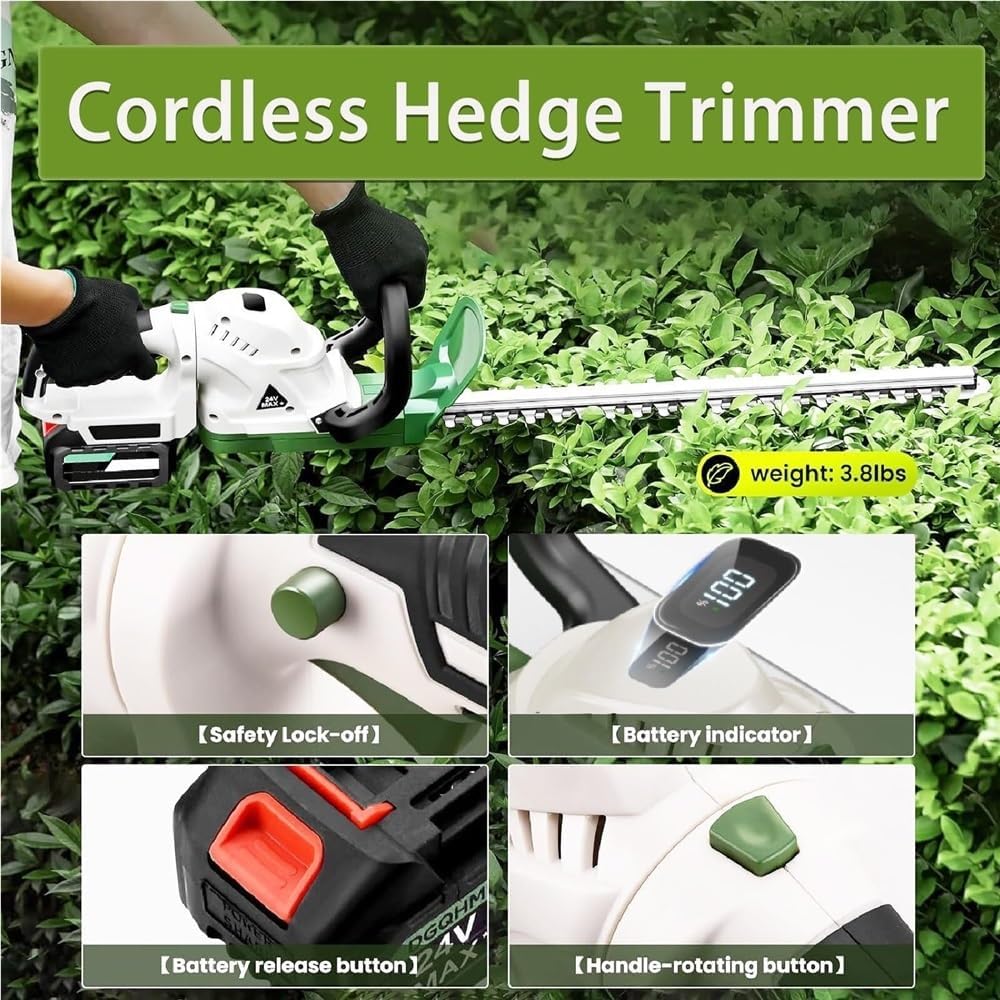 Lightweight Hedge Trimmer,Cordless Grass Shear,Shrubbery Trimmer, Battery Display,200w Bush Trimmer,with A Pair of Gloves ，Goggles,1battery(1battery)