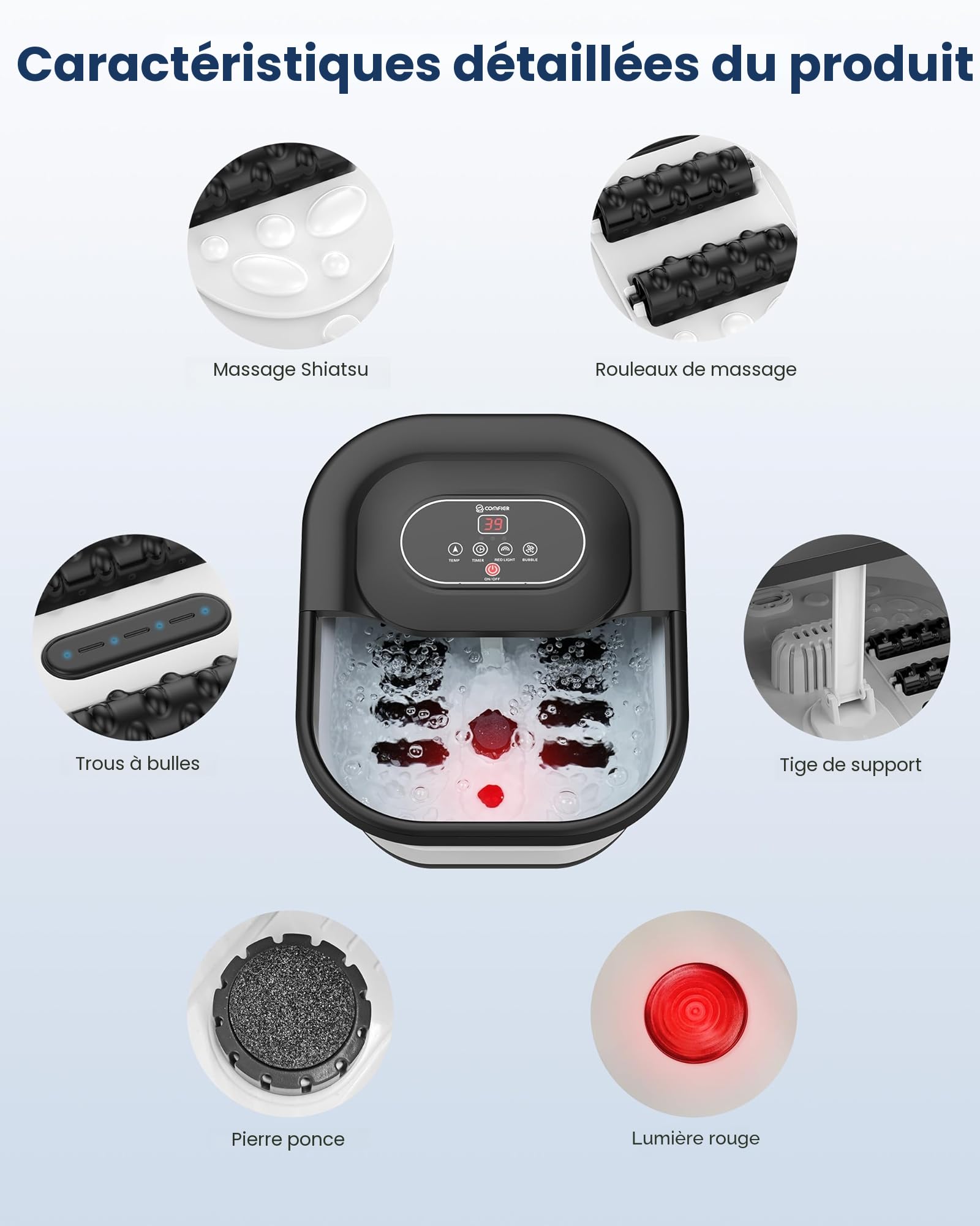 COMFIER Bain de pieds chauffant de massage|Masseur de pieds pliable|Fonction de vibration et de bulles|Pierre ponce pour pieds|35℃-48℃|Avec 8 rouleaux Shiatsu (Noir)