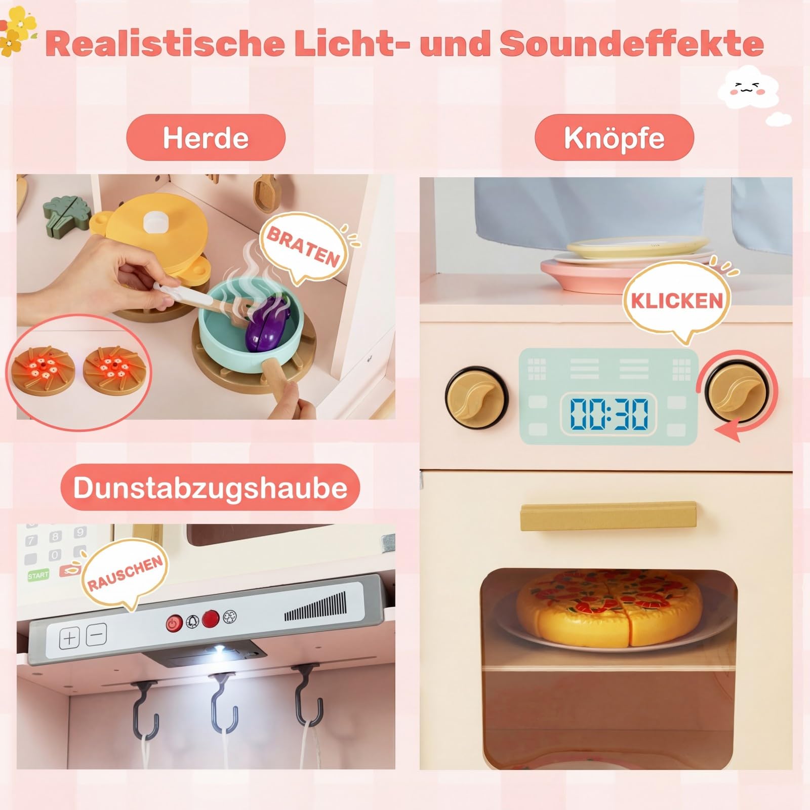 COSTWAY Kinderküche mit Licht und Sound, Eck-Spielküche Holz mit Mülleimer, Doppeltür-Kühlschrank, Spüle, Waschmaschine, Mikrowelle & 22 Zubehörteilen, Holzküche für Kinder ab 3 Jahren (Rosa)