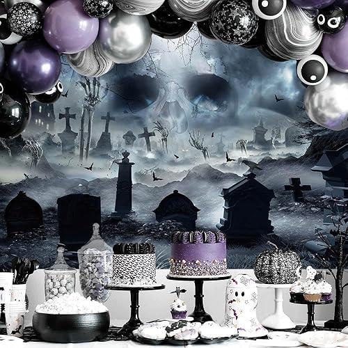 Miniatura 2 de Sendy Telón de fondo de Halloween de 7 x 5 pies para fotografía, noche de terror, calavera aterradora, cementerio oscuro, suministros de decoración