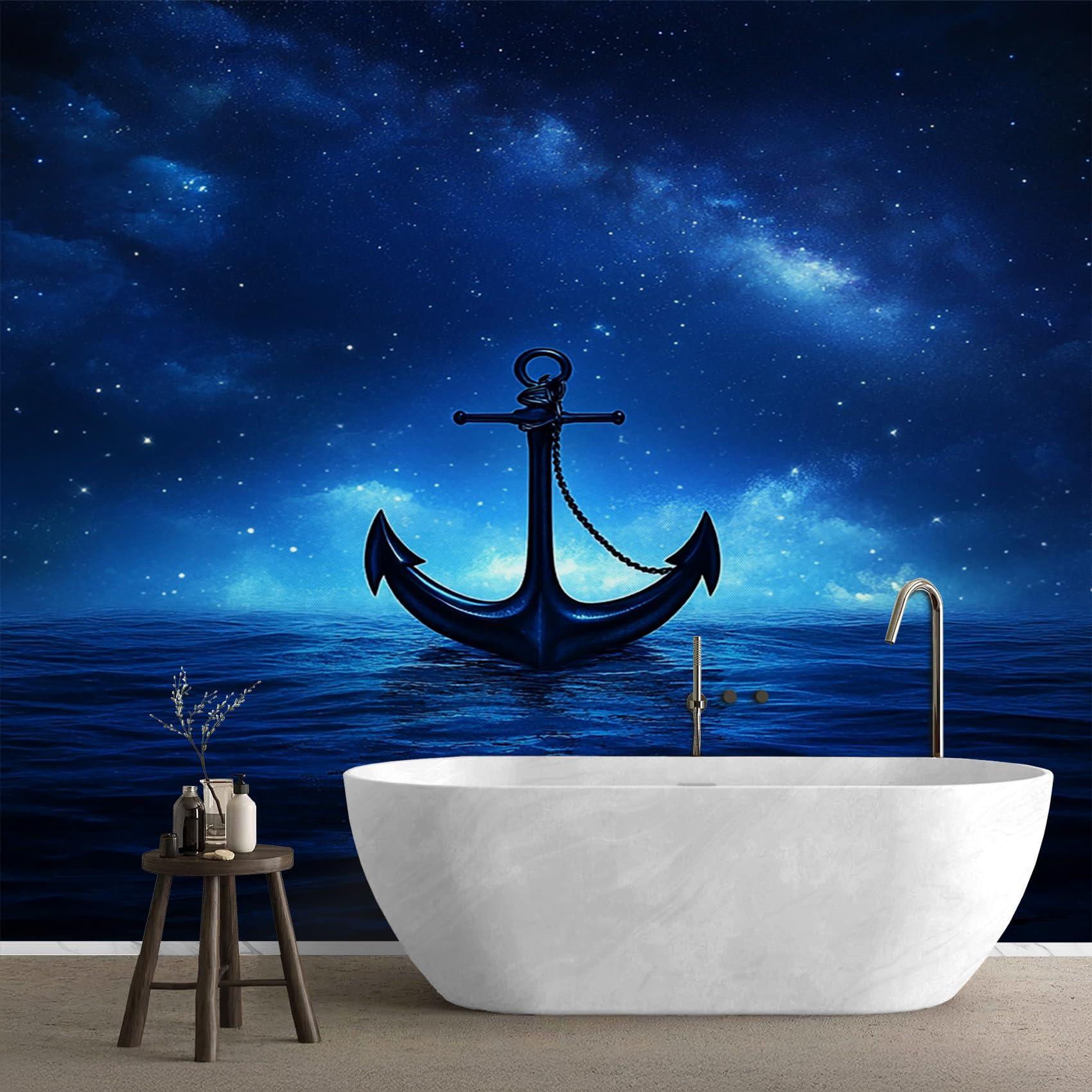 Fototapete Anker Schlafzimmer, 3D Tapete Nautisch Meer, Vliestapete Blau, Tapeten Wohnzimmer Muster, Sternenhimmel Küste Wand Deko Kinderzimmer, Wandtapete, Mustertapete 416x254 cm