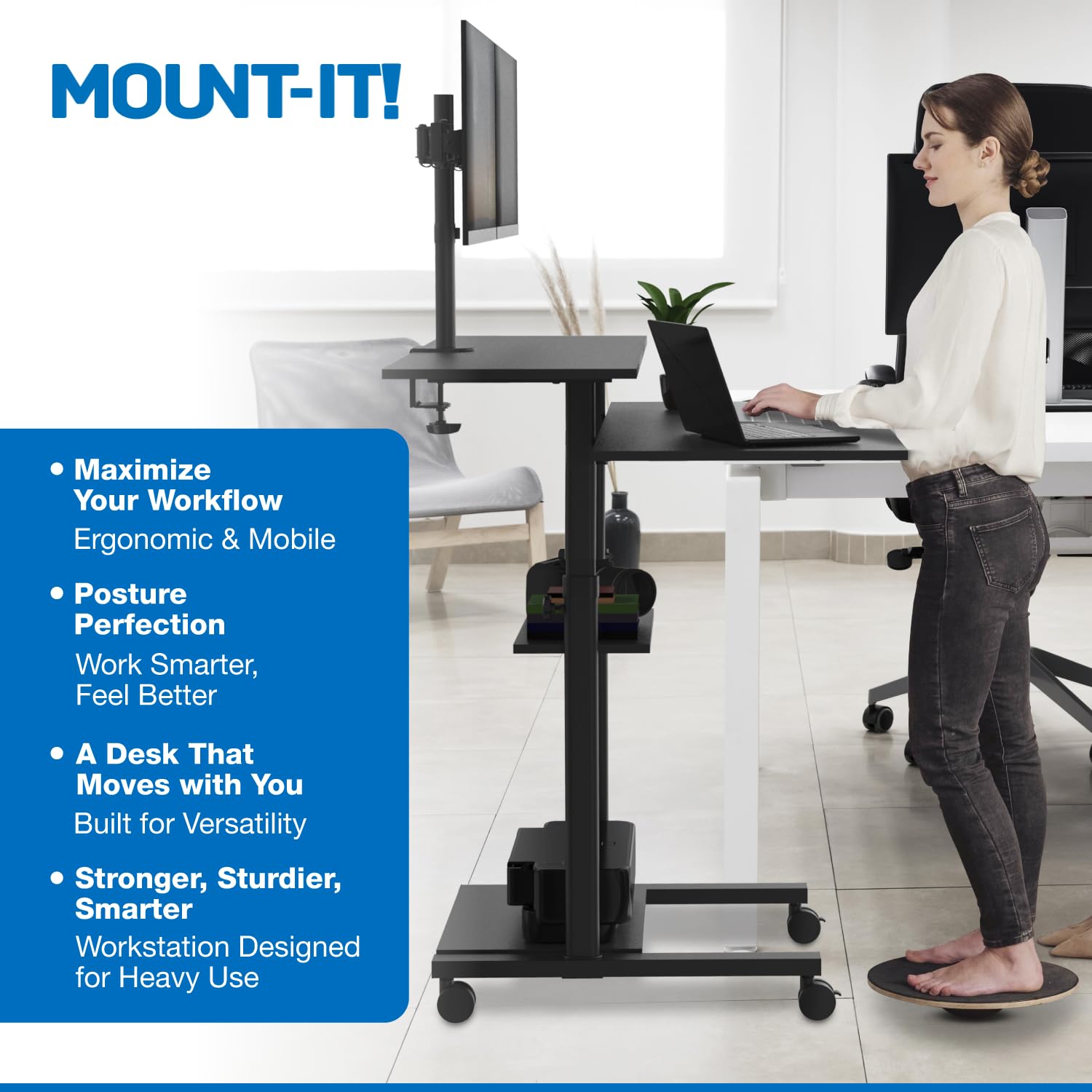Mount-It Mobile Standing Desk with Dual Monitor Mount - 40 Inch Wide Height Adjustable Rolling Computer Workstation with — view 2