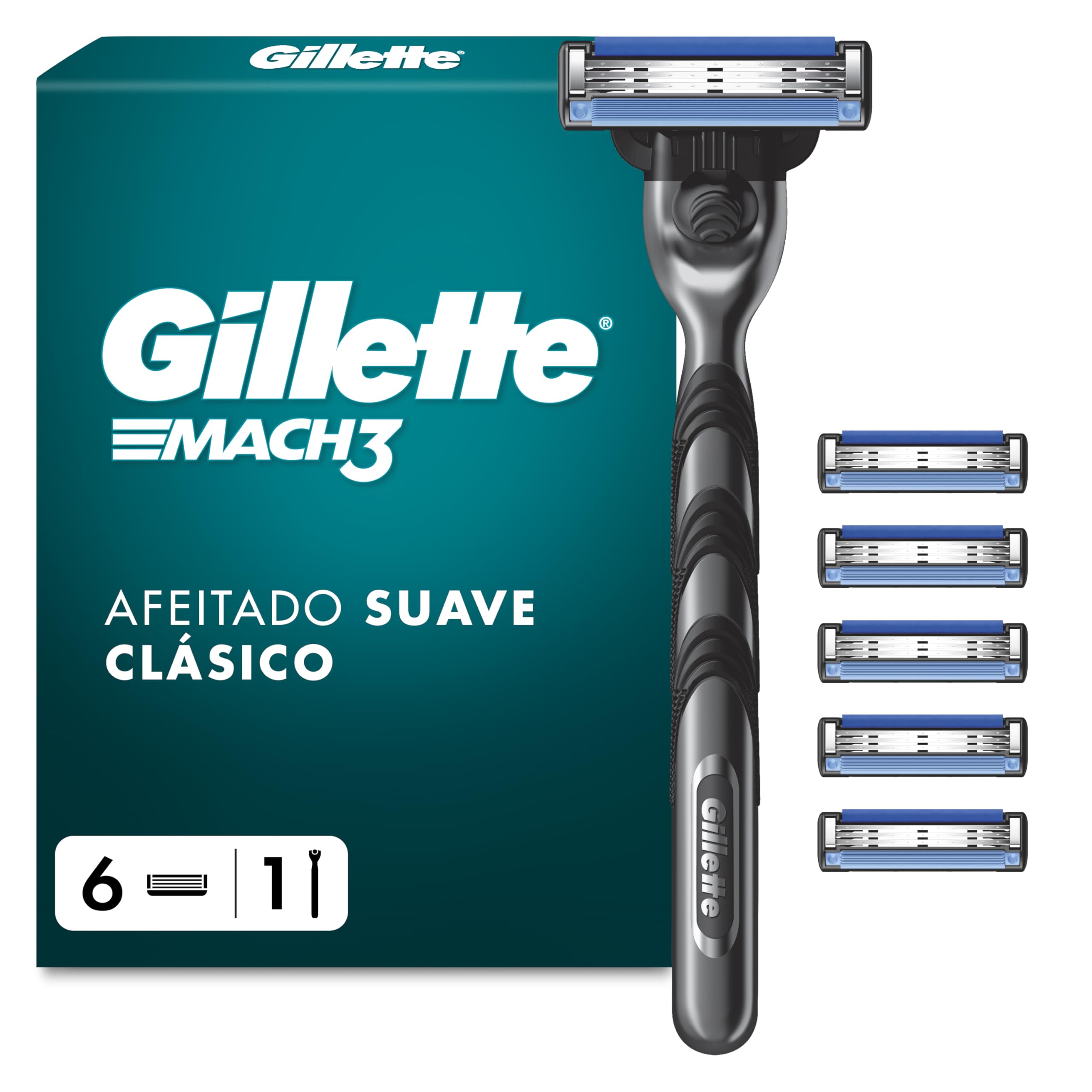 Gillette Mach3 Maquinilla De Afeitar Para Hombre Con Recambios, 1 Mango De Acero Inoxidable, 6 Cuchillas De Recambio Con 3 Hojas y Banda Lubricante