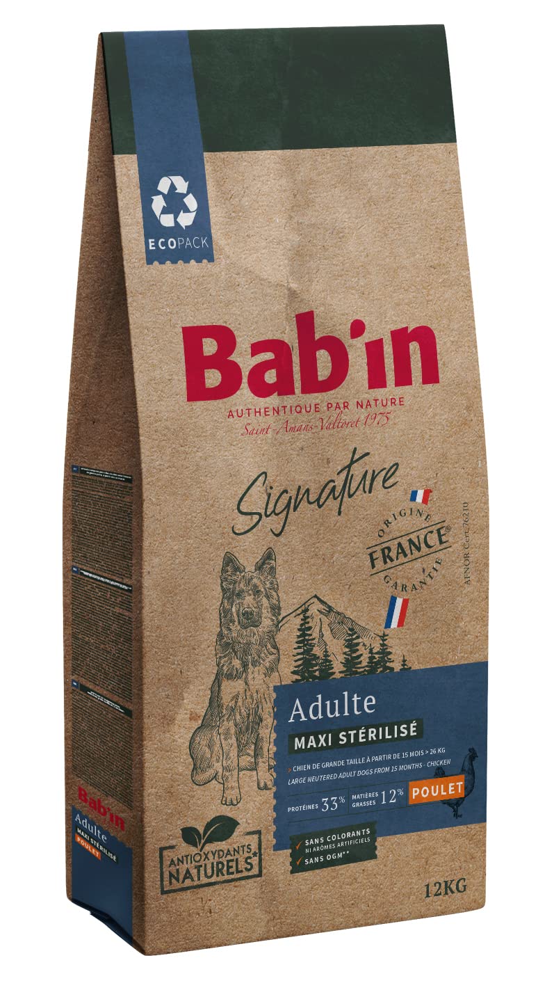 Bab'in Signature Maxi Stérilisé 12KG - Croquettes pour Chiens Stérilisés de Grandes Tailles - Naturelles, Saines et Équilibrées - Adaptées aux Besoins Nutritionnels - Riche en Poulet