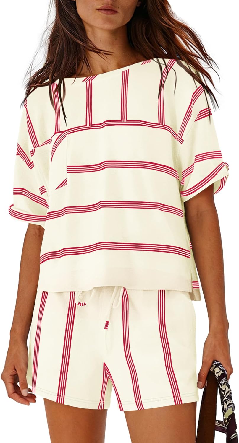 Nirovien Womens Striped Lounge Set 2 Piece Vacation Outfits Short Sleeve Tops and Drawstring Shorts Set with Pockets