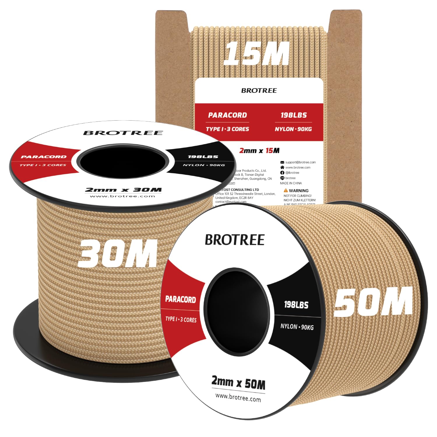 Brotree 2mm Paracord 3 Strands 50M 100% Nylon Rope Parachute Cord for Outdoor, Craft, DIY - 90kg Breaking Load (Khaki)