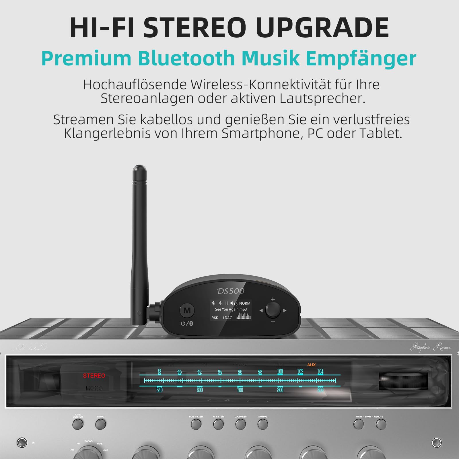 1Mii HiFi Bluetooth 5.3 Empfänger mit OLED Display, LDAC & aptX HD, Audio Adapter mit DAC & EQ-Modus, Großer Reichweite, Optischem, Koaxial & RCA Ausgang für Stereoanlage & Verstärker – DS500