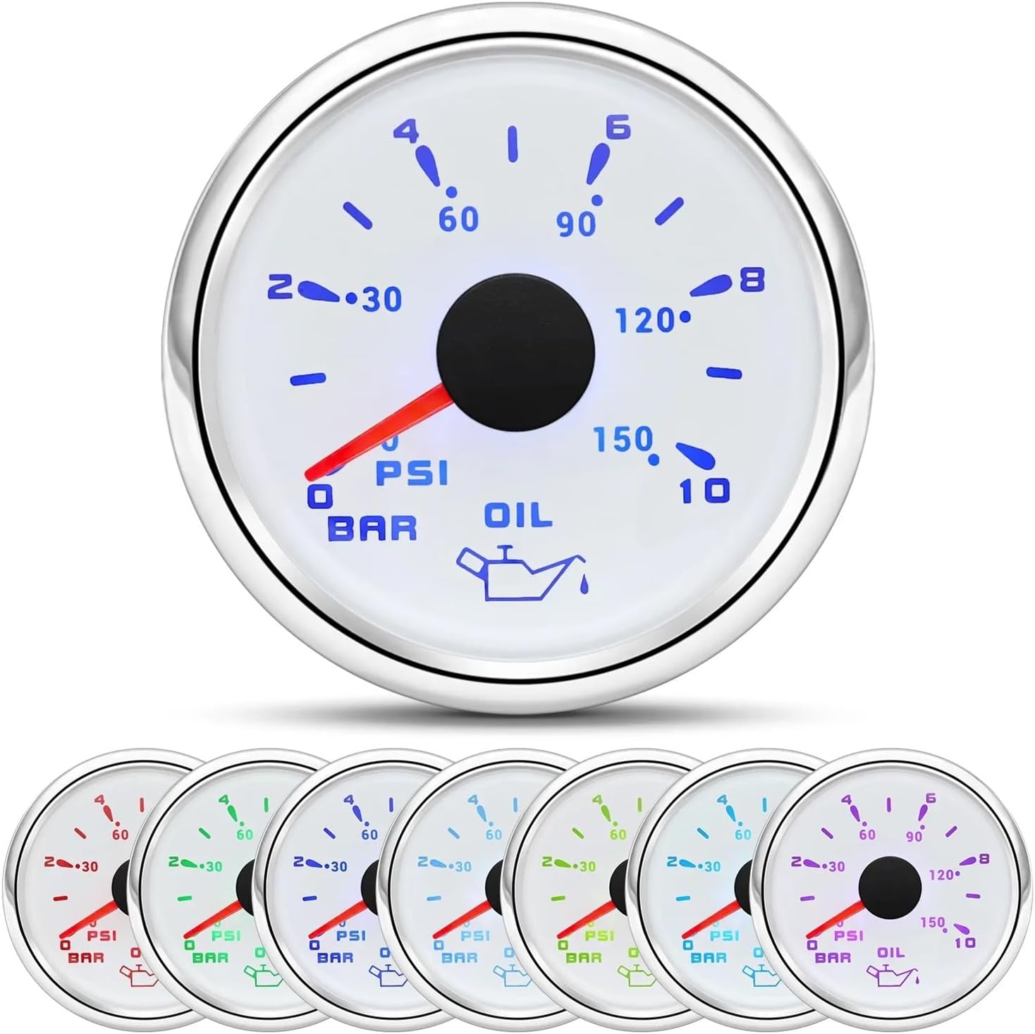 7 Colors Backlight 0~5Bar 0~75PSI 0-10Bar 0-150PSI Oil Pressure Gauge 52MM Oil Press Meter Sensor for 12V/24V Auto Car Boat(WS 0-10Bar gauge)