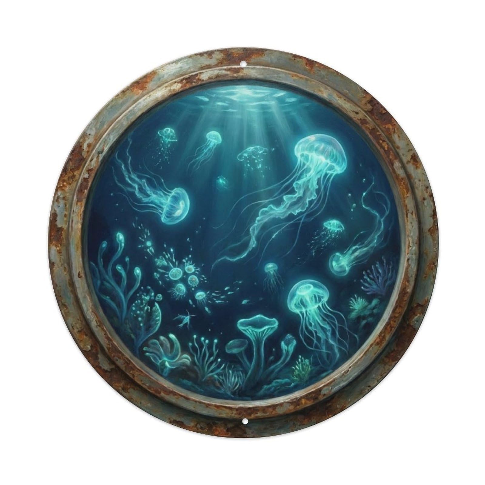 Vintage Porthole Bioluminescence Ship Window Undersea Deep Metal Tin Sign
