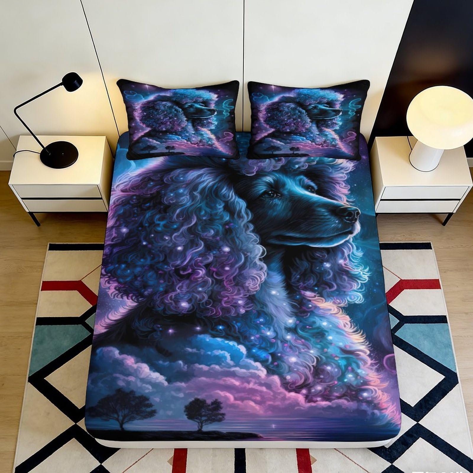 3D Printed Starry Poodle Fitted Sheet Microfiber Deep Pocket Non-Slip Star Dog Mattress Fitted Cover Bedroom Bedding Protection 90x200x25cm