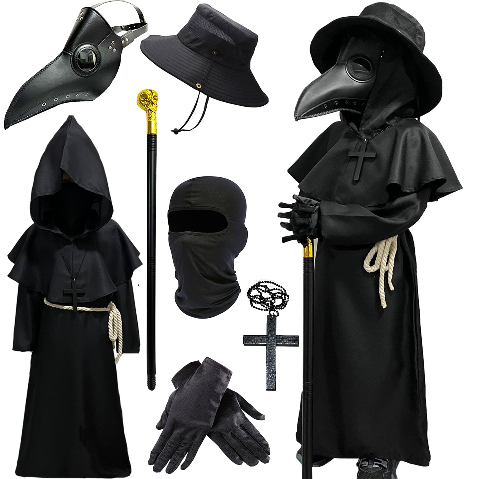 Wakejoy Plague Doctor Costume for Kids 7 in 1 Set Halloween Costumes for Boys Girls Halloween Outfit (X-Large-150)