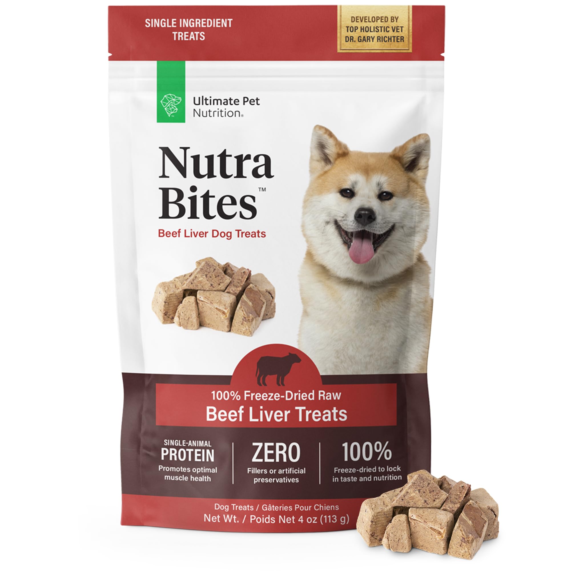 - ULTIMATE PET NUTRITION Nutra Bites Freeze Dried Raw Single Ingredient Training Treats Food Topper for Dogs, 4 Ounces, Beef Liver