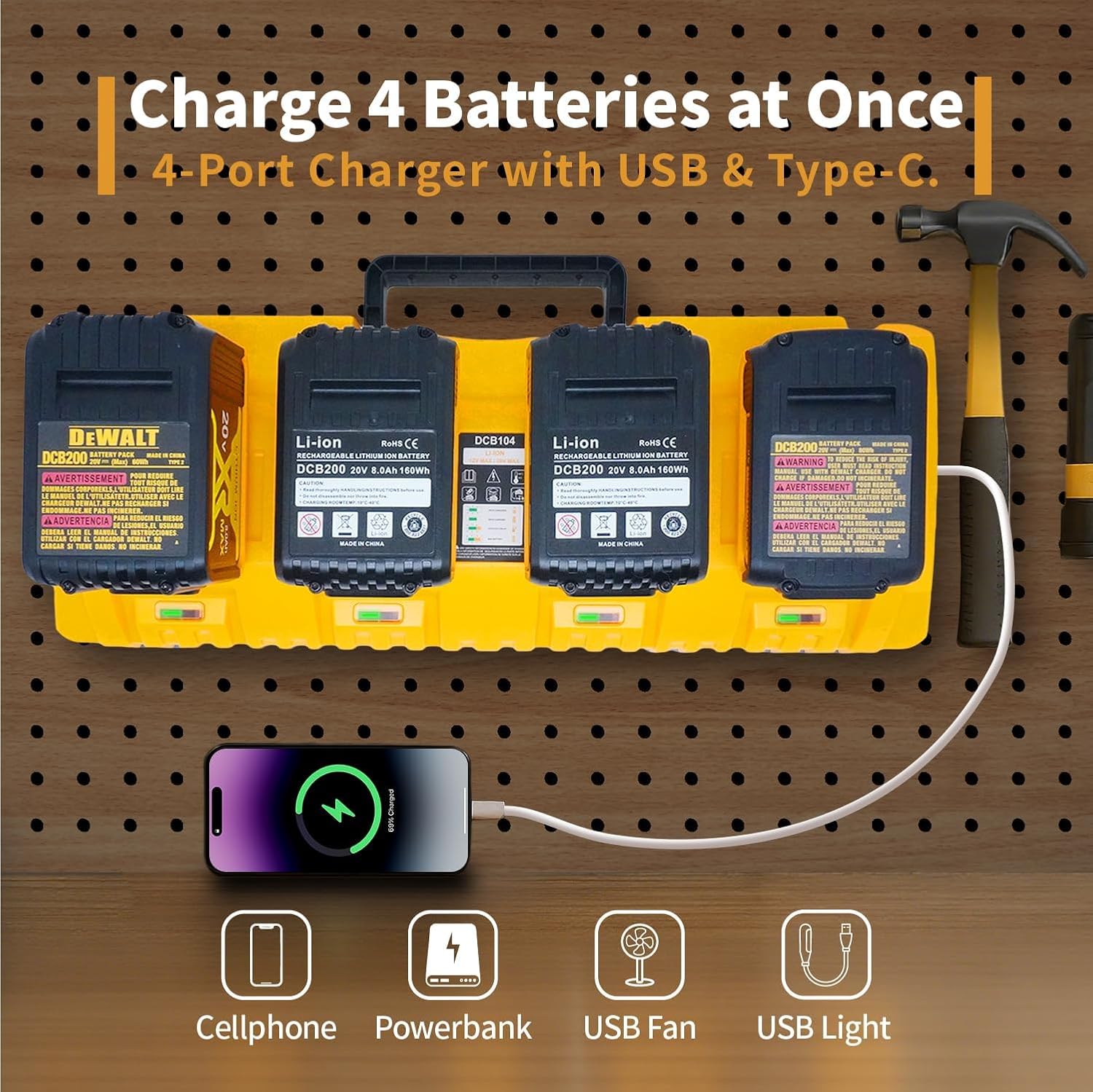 DCB104 Dewalt Battery Charger Replacement – 4-Port Charging Station with USB & Type-C Ports, 20V MAX, Compatible with Dewalt 12V-20V Batteries, Multi-Port Fast Charging for Home & Work Use - Image 3