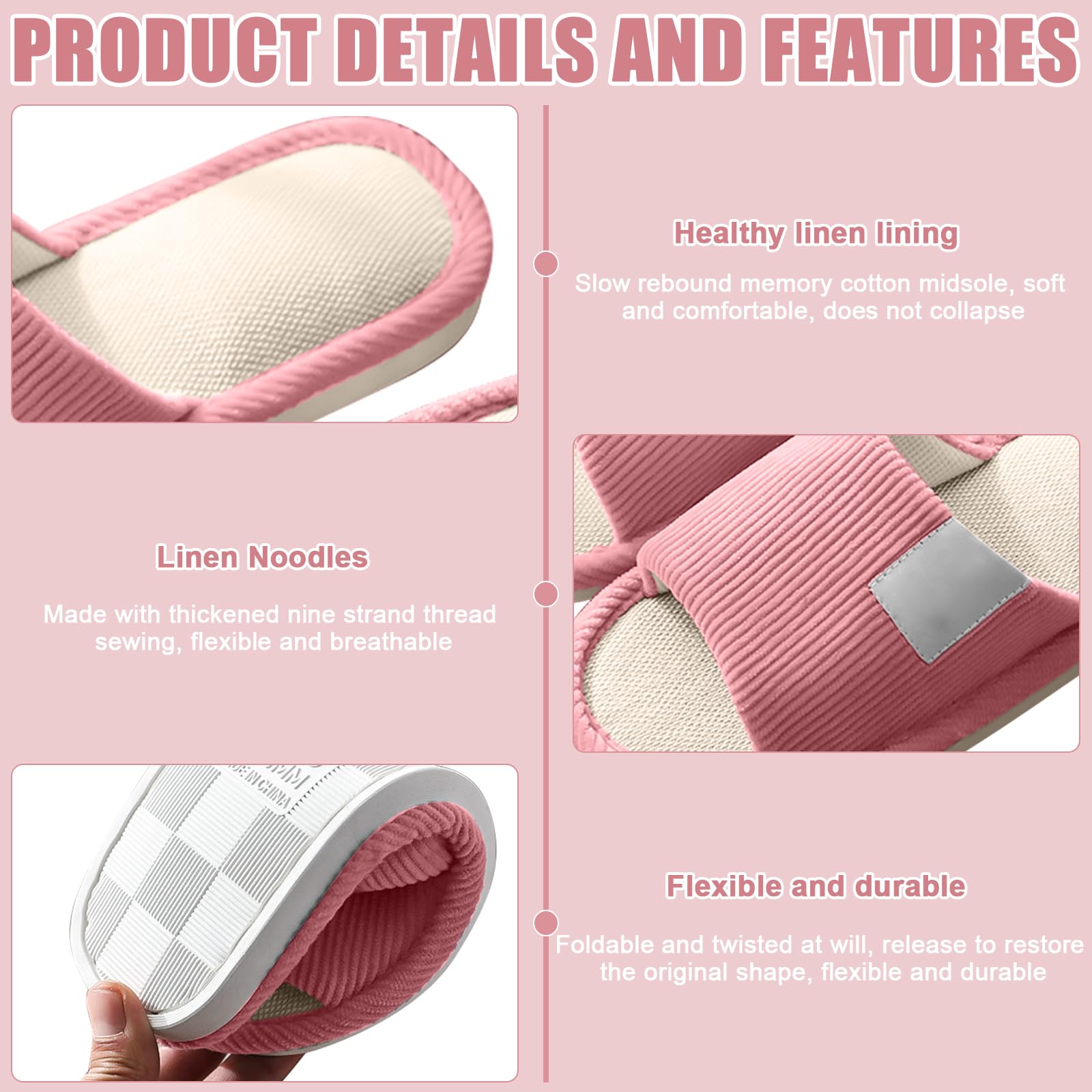 Set di 4 paia di pantofole unisex per hotel, pantofole per ospiti, pantofole in lino, pantofole con punta aperta, pantofole per ospiti, per uomo, donna, lavabili per spa, feste, hotel