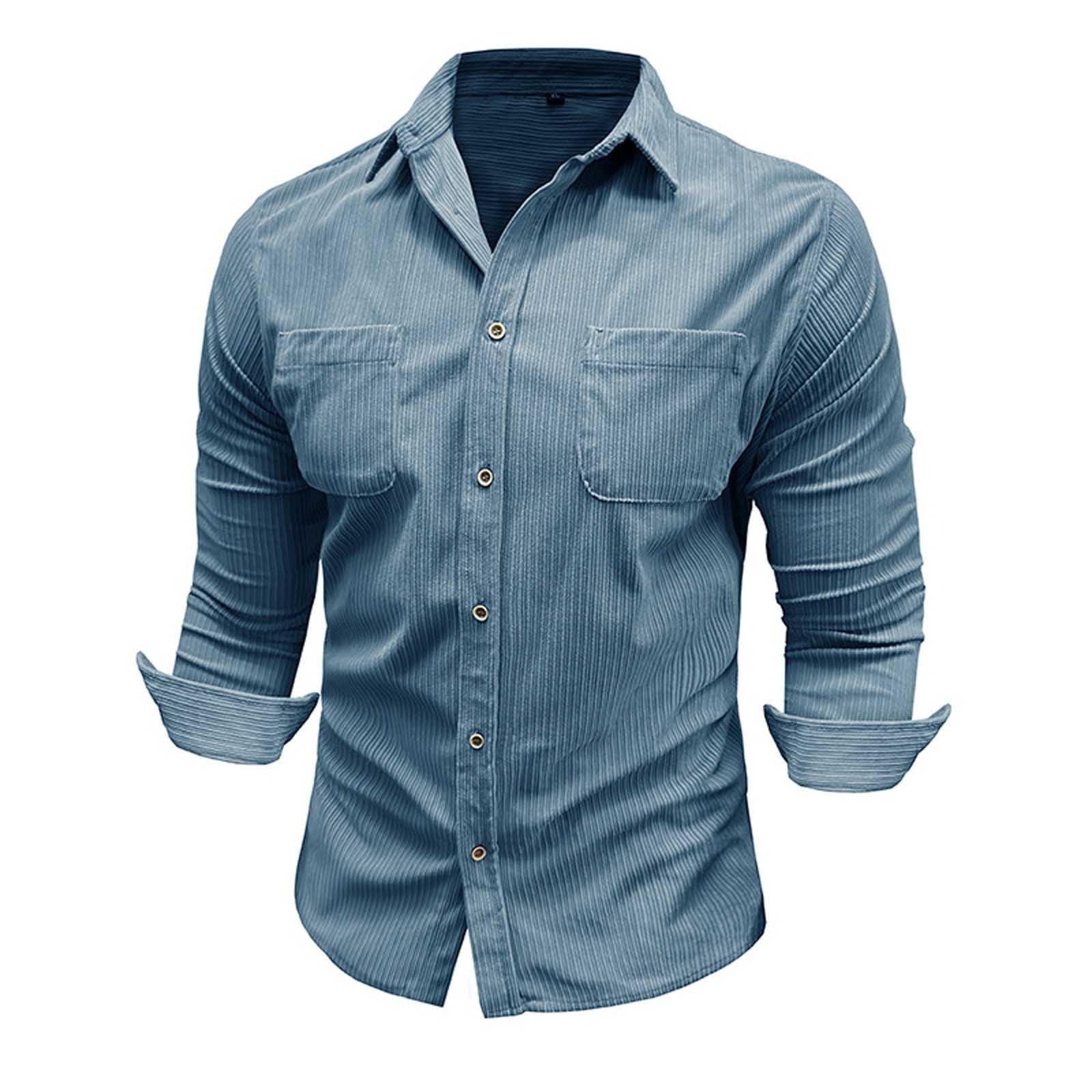 Camicia Uomo Collo Coreana-Camicia casual da uomo in velluto a coste, a maniche lunghe, vestibilità slim, tinta unita, con bottoni e taschino sul petto, per l'uso quotidiano in autunno e inverno.