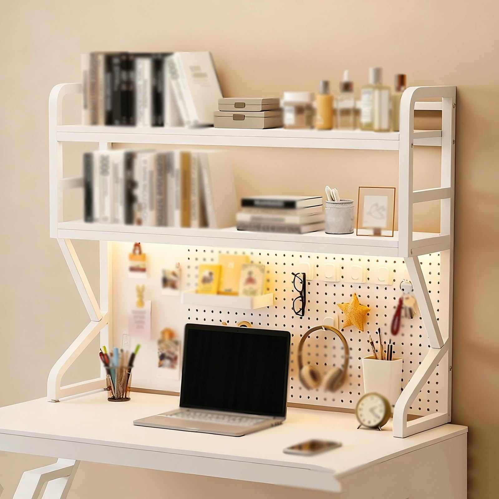 Scaffale Portaoggetti da Banco Indipendente per Scrivania Scaffale Portaoggetti Aperto con Pannello Griglia Organizer per Ufficio Domestico Libreria in Legno Metallo(White double layer,110CM/43.3IN)