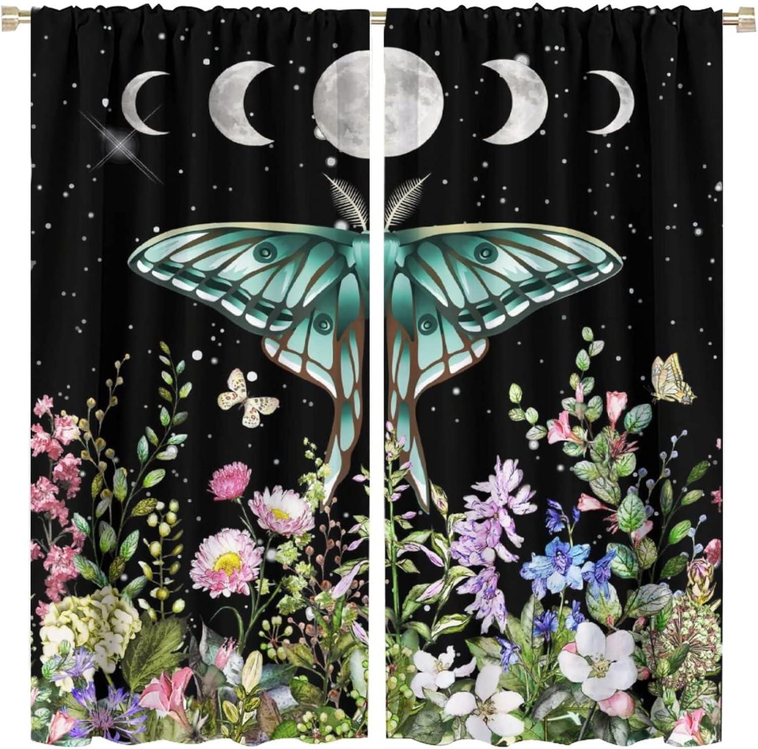 Moon Moth Curtains Vintage Boho Floral Butterfly Fantasy Garden Colorful Wildflower Rod Pocket Blackout Window Drapes for Bedroom Kitchen Living Room W42 xL54(2 Panels