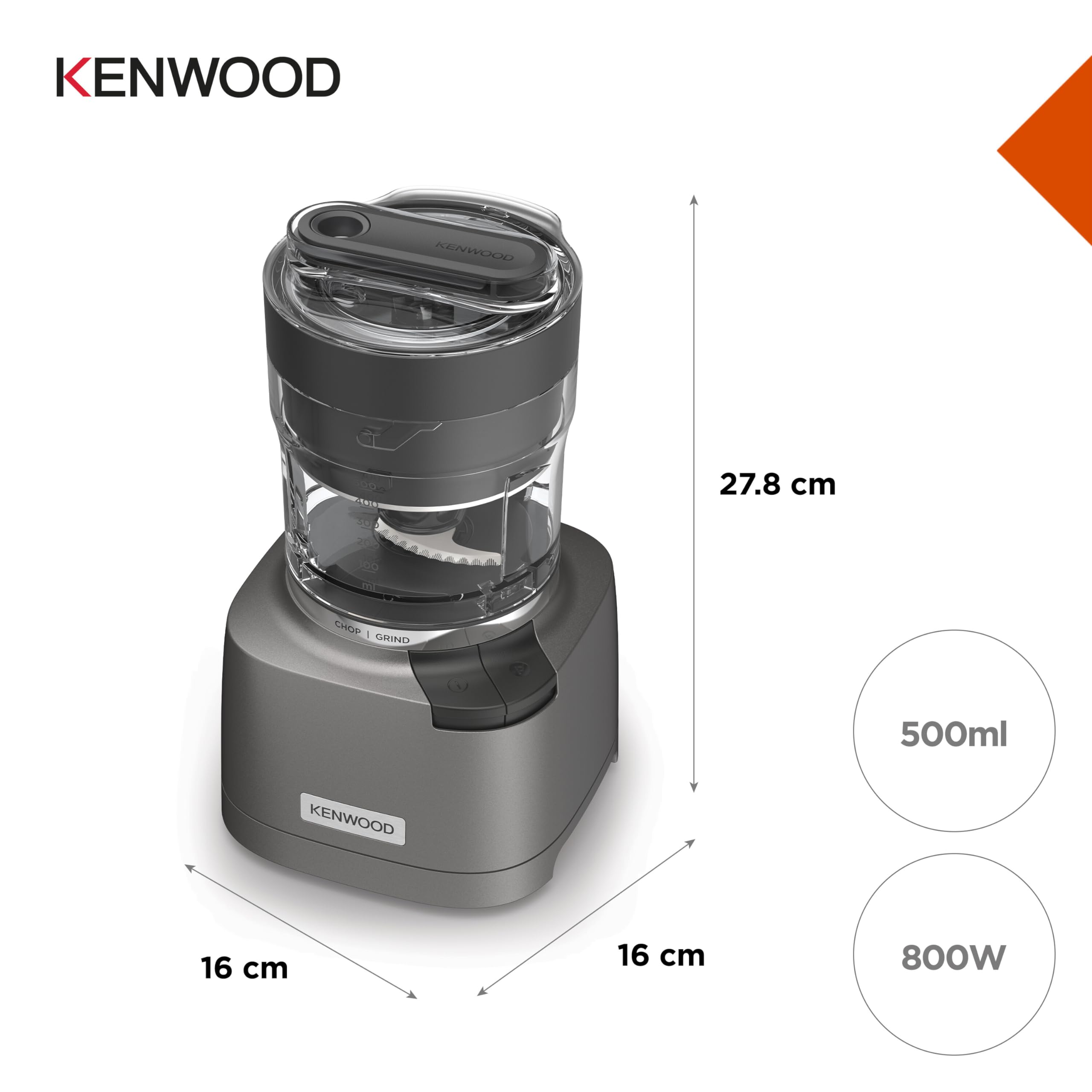 Kenwood Duo Prep CHP80.000SI modelo 2024, picadora y trituradora 2 en 1 con cuchillas Quadblades dentadas, trituradora compacta de alta velocidad, base antideslizante, lavable en lavavajillas, 800 W