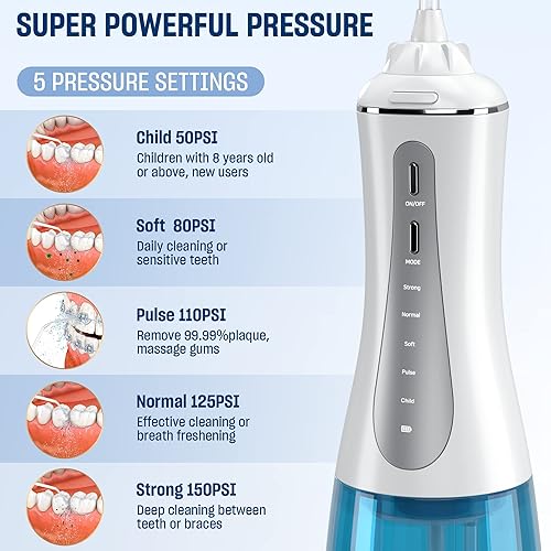Miniatura 2 de Irrigador dental de agua inalámbrico para dientes – Irrigador oral portátil y recargable de 11.8 fl oz con 5 modos, 6 puntas reemplazables – IPX7